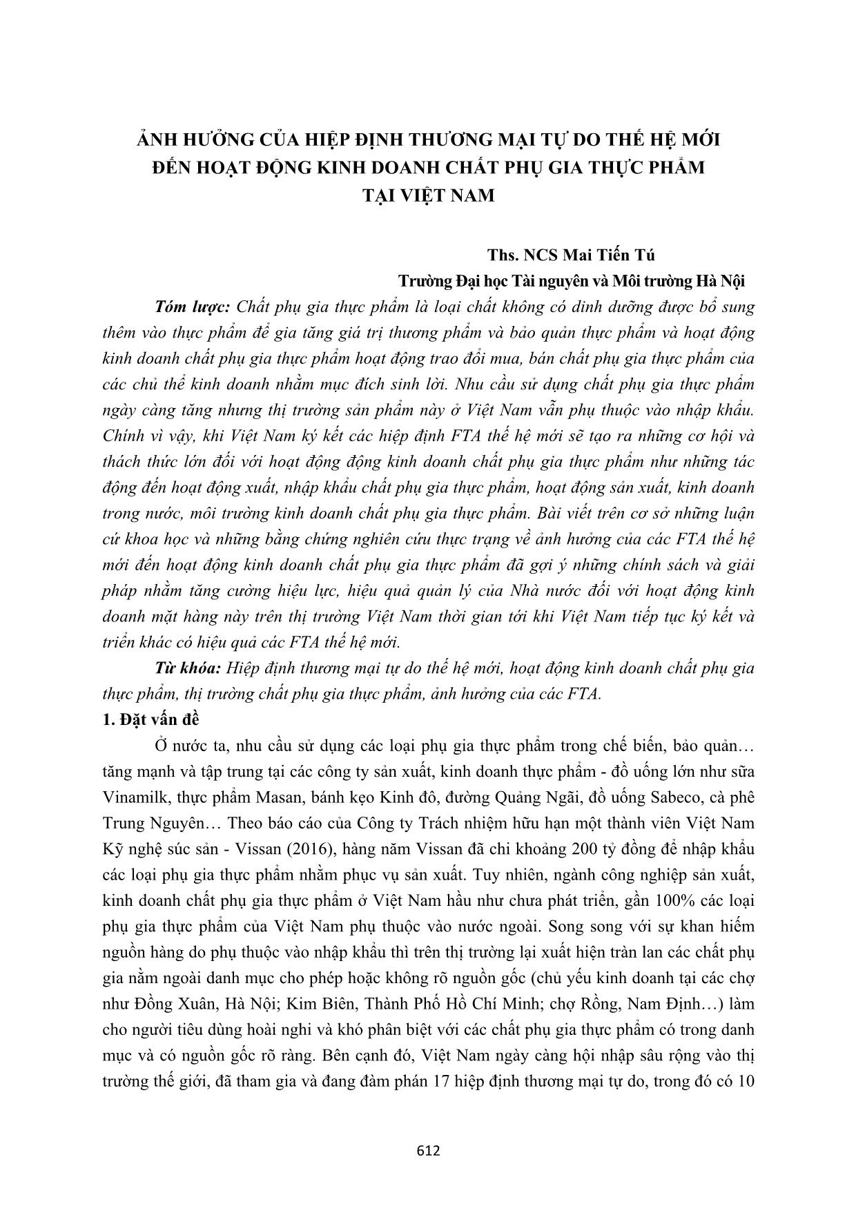 Ảnh hưởng của hiệp định thương mại tự do thế hệ mới đến hoạt động kinh doanh chất phụ gia thực phẩm tại Việt Nam trang 1
