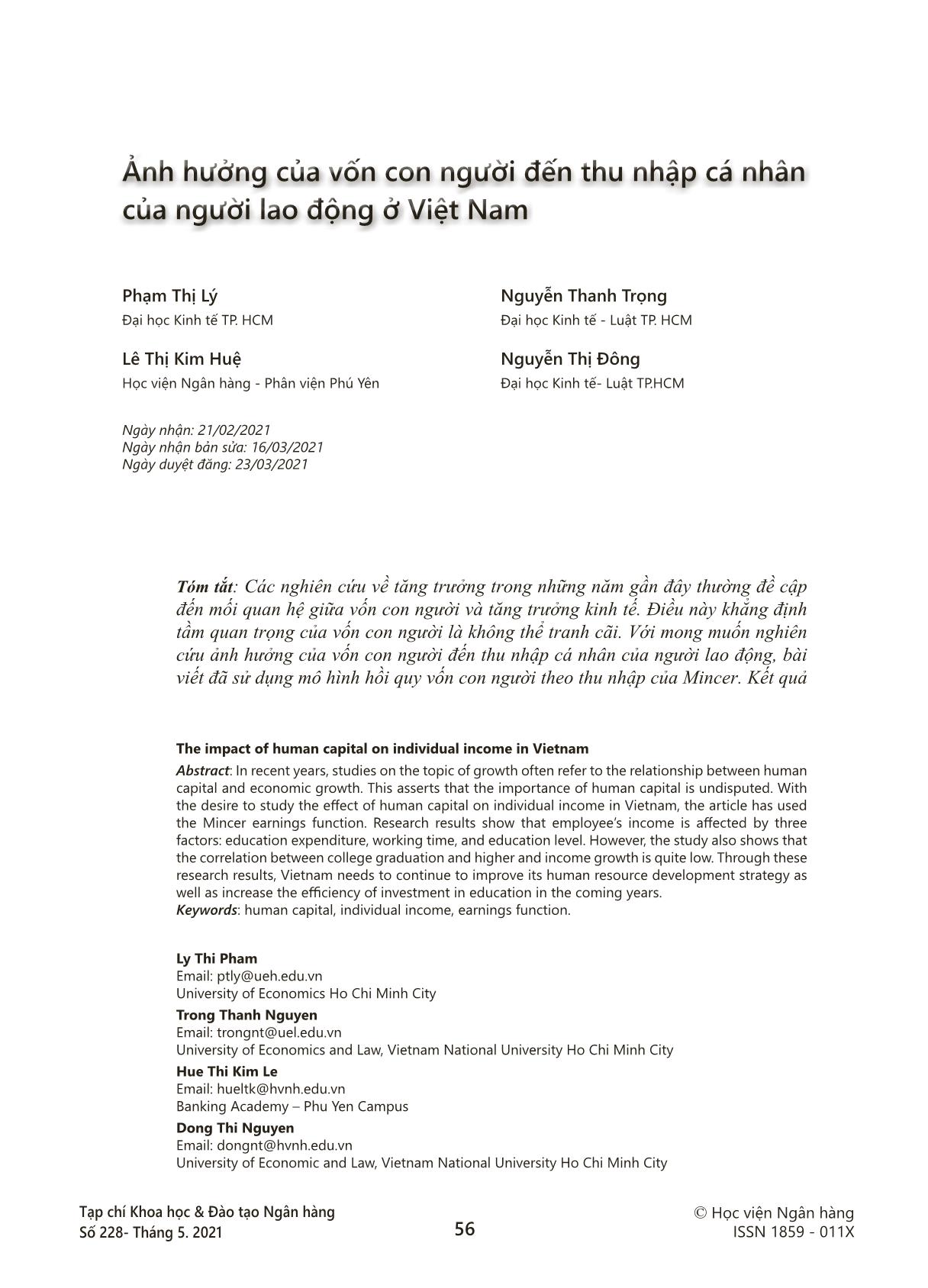 Ảnh hưởng của vốn con người đến thu nhập cá nhân của người lao động ở Việt Nam trang 1