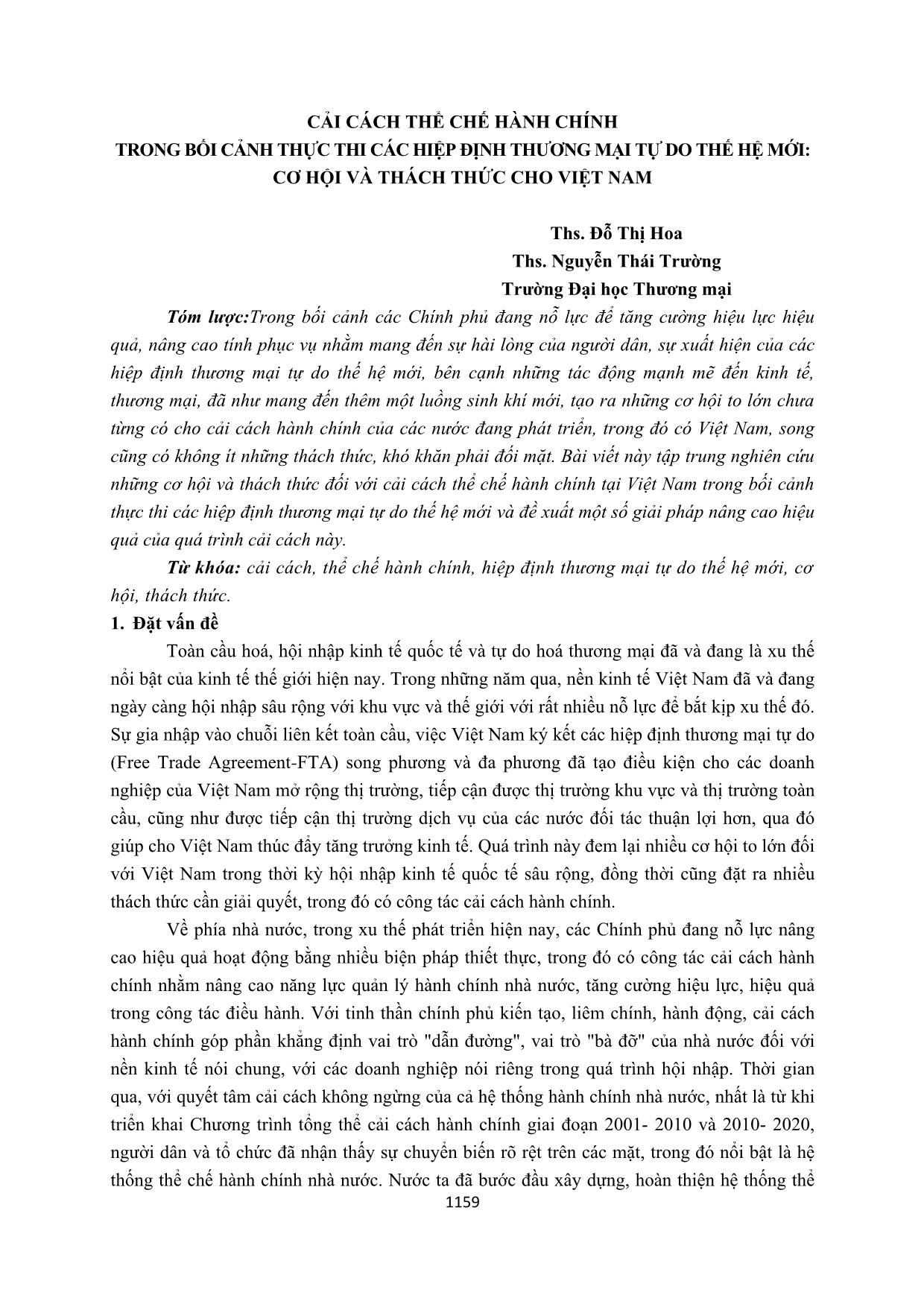 Cải cách thể chế hành chính trong bối cảnh thực thi các hiệp định thương mại tự do thế hệ mới: Cơ hội và thách thức cho Việt Nam trang 1