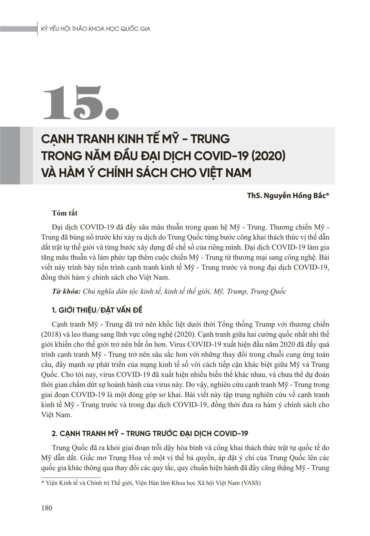 Cạnh tranh kinh tế Mỹ - Trung trong năm đầu đại dịch Covid-19 (2020) và hàm ý chính sách cho Việt Nam trang 1