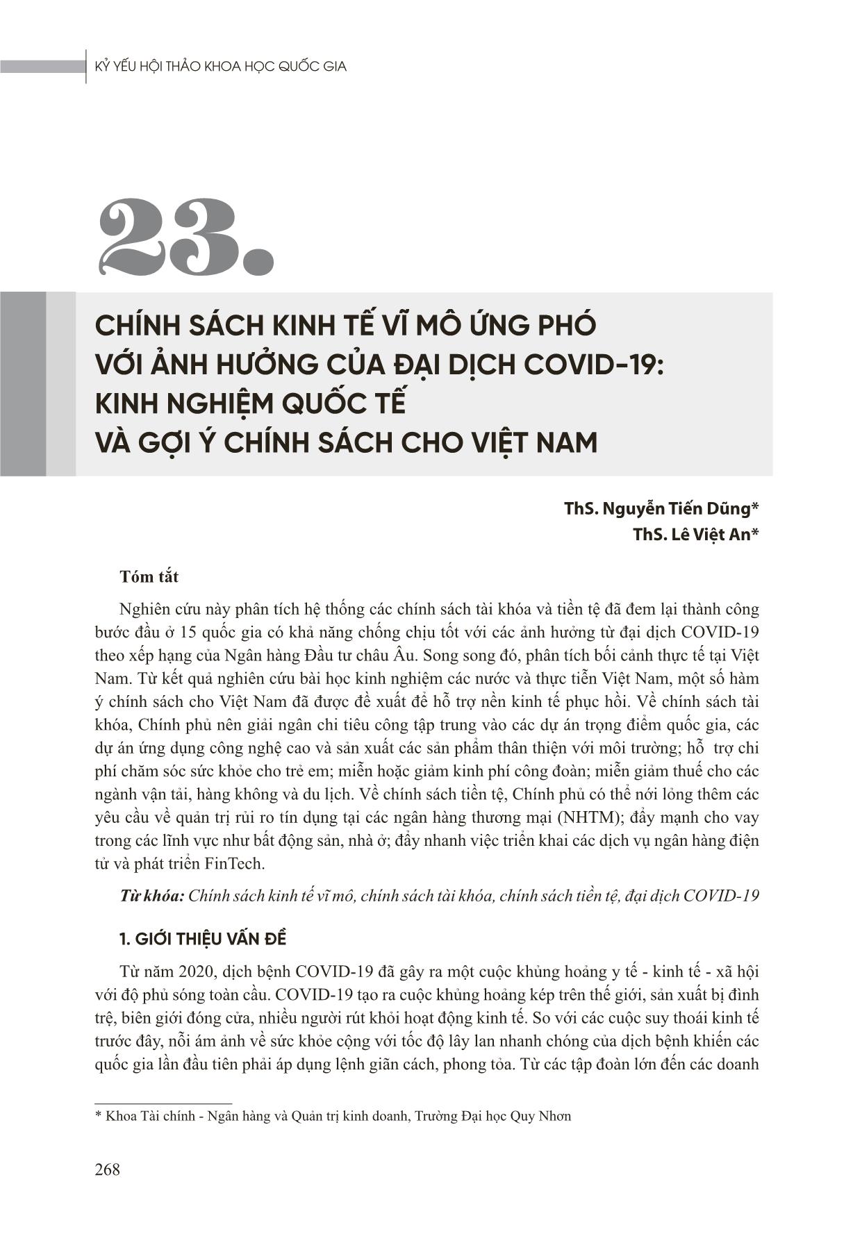 Chính sách kinh tế vĩ mô ứng phó với ảnh hưởng của đại dịch Covid-19: Kinh nghiệm quốc tế và gợi ý chính sách cho Việt Nam trang 1