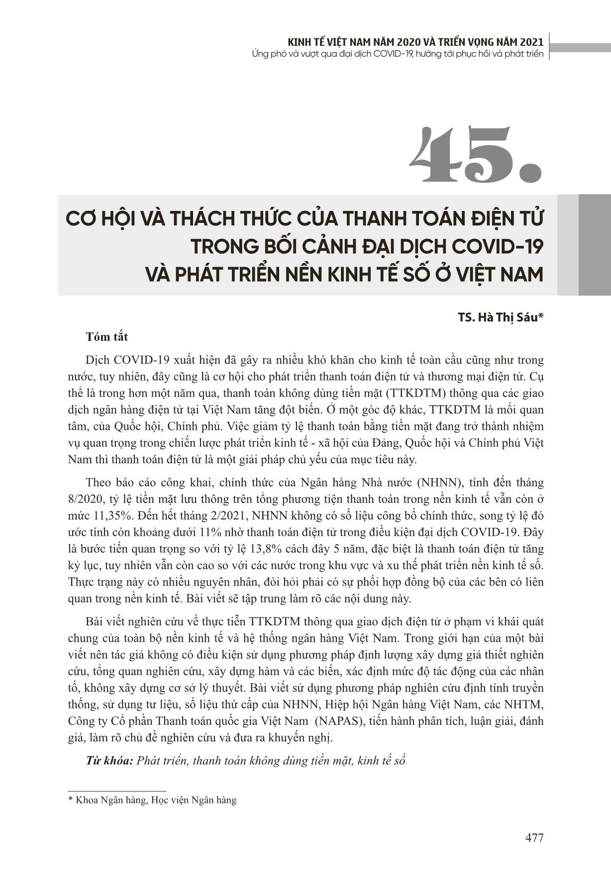 Cơ hội và thách thức của thanh toán điện tử trong bối cảnh đại dịch Covid-19 và phát triển nền kinh tế số ở Việt Nam trang 1