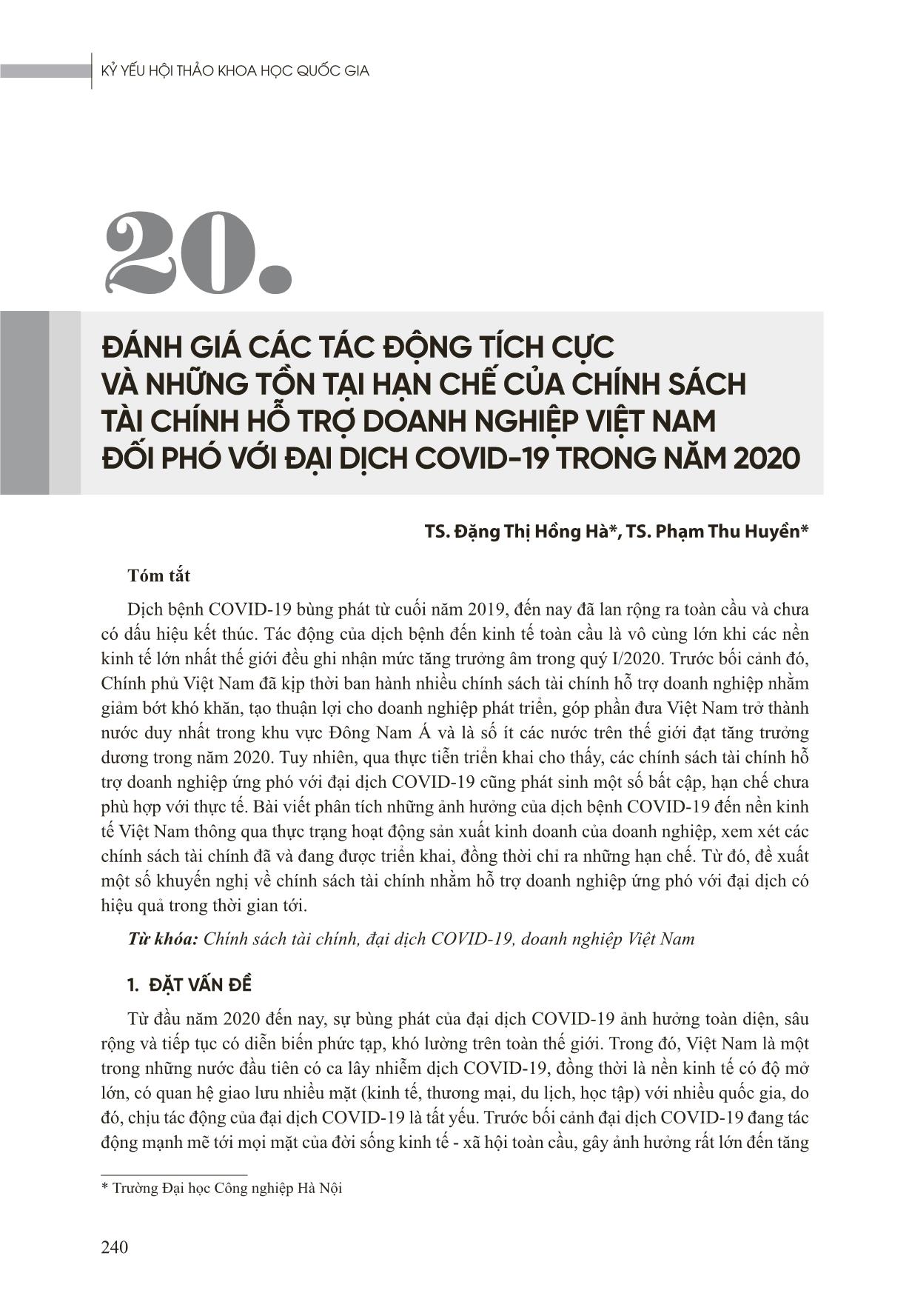 Đánh giá các tác động tích cực và những tồn tại hạn chế của chính sách tài chính hỗ trợ doanh nghiệp Việt Nam đối phó với đại dịch Covid-19 trong năm 2020 trang 1