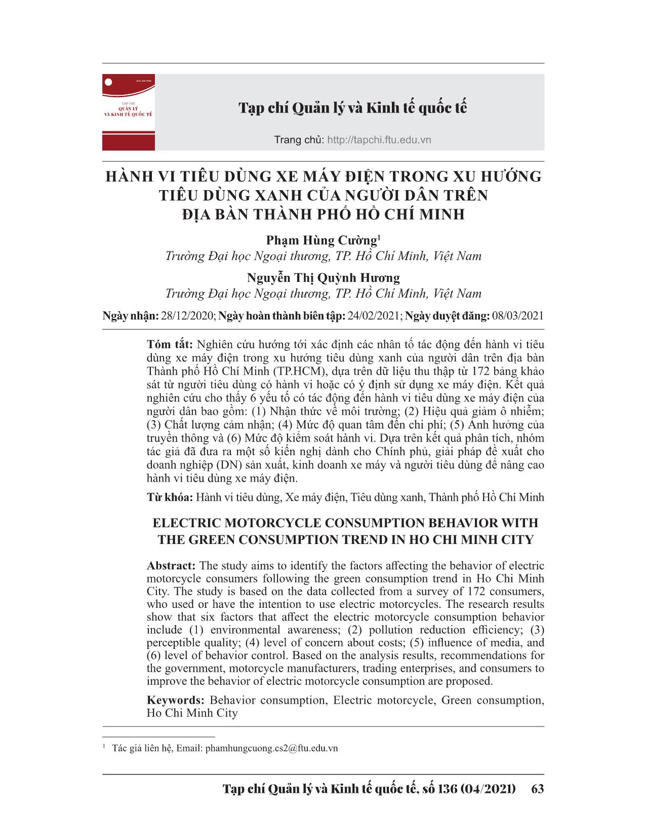 Hành vi tiêu dùng xe máy điện trong xu hướng tiêu dùng xanh của người dân trên địa bàn thành phố Hồ Chí Minh trang 1