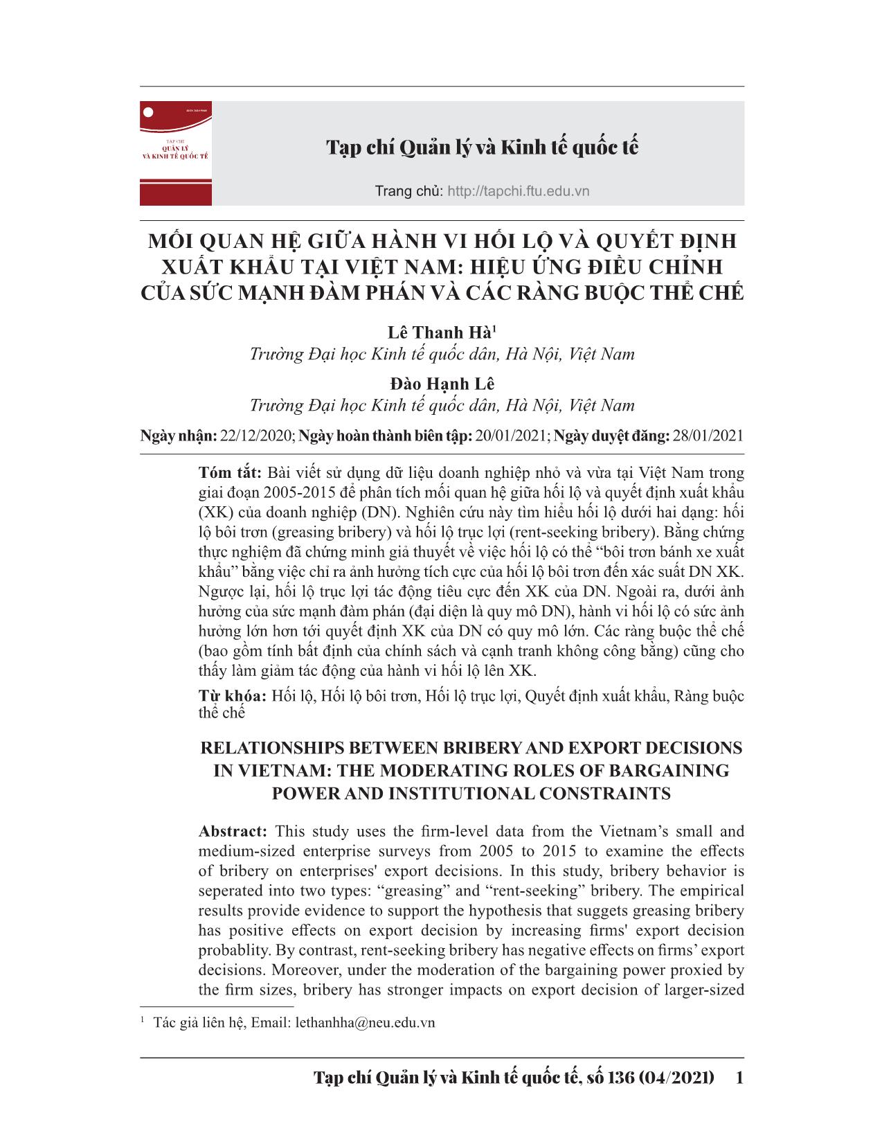 Mối quan hệ giữa hành vi hối lộ và quyết định xuất khẩu tại Việt Nam: Hiệu ứng điều chỉnh của sức mạnh đàm phán và các ràng buộc thể chế trang 1