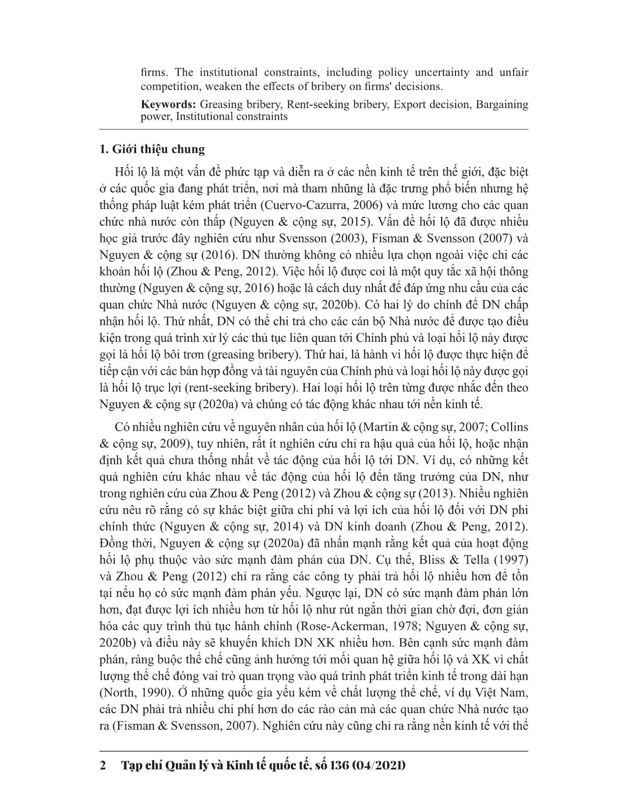 Mối quan hệ giữa hành vi hối lộ và quyết định xuất khẩu tại Việt Nam: Hiệu ứng điều chỉnh của sức mạnh đàm phán và các ràng buộc thể chế trang 2