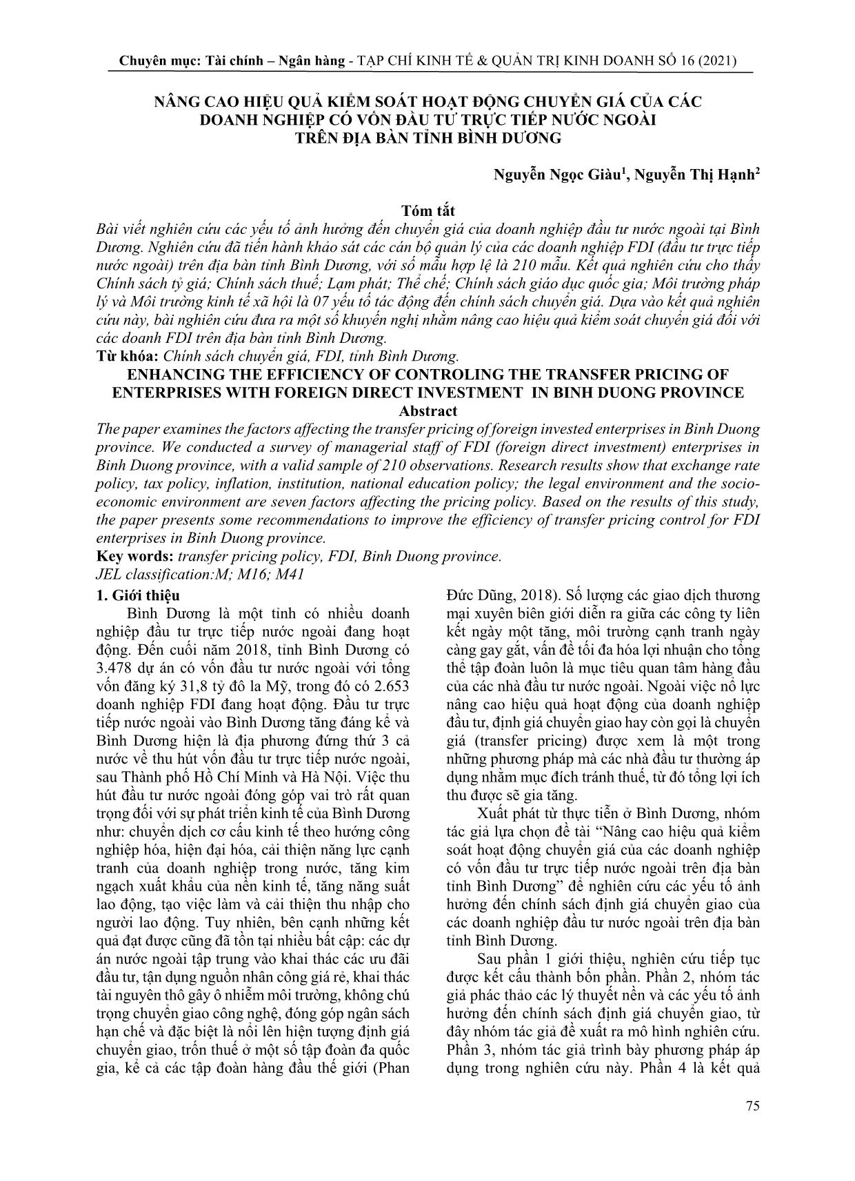Nâng cao hiệu quả kiểm soát hoạt động chuyển giá của các doanh nghiệp có vốn đầu tư trực tiếp nước ngoài trên địa bàn tỉnh Bình Dương trang 1