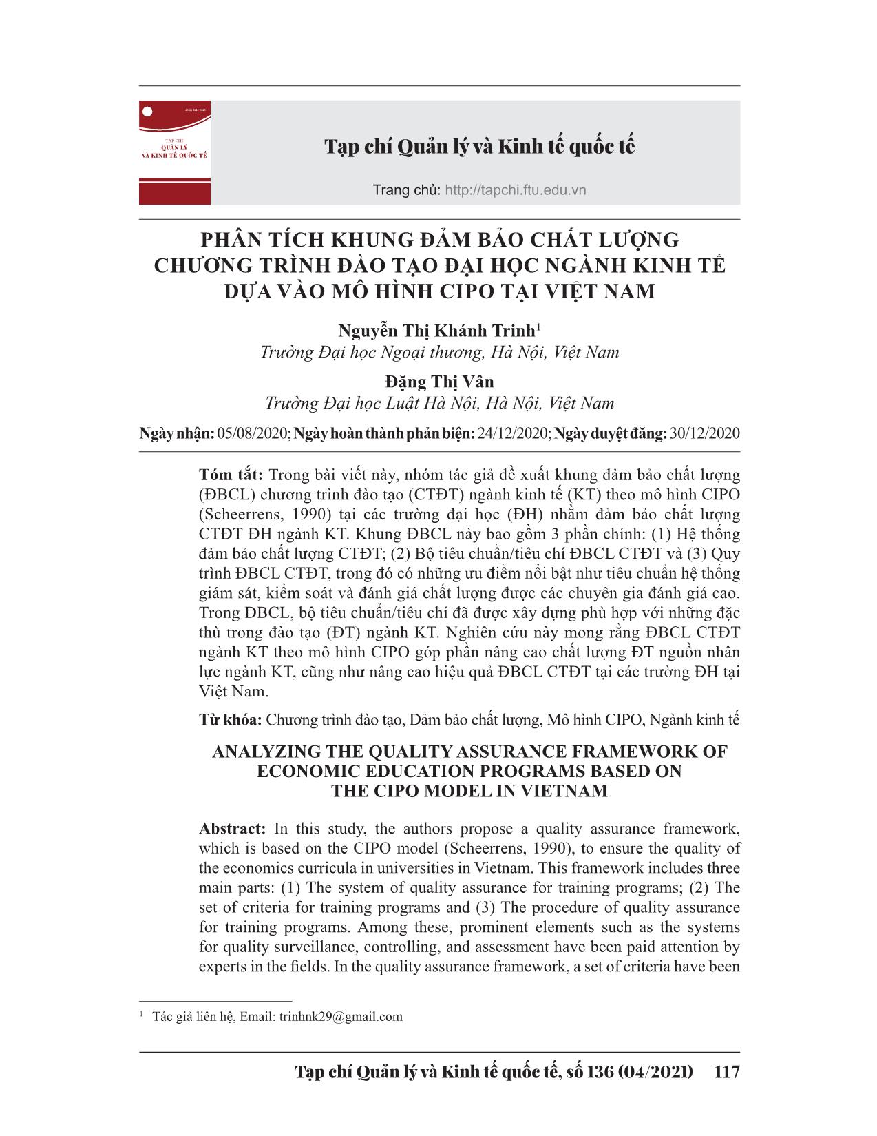 Phân tích khung đảm bảo chất lượng chương trình đào tạo đại học ngành Kinh tế dựa vào mô hình CIPO tại Việt Nam trang 1