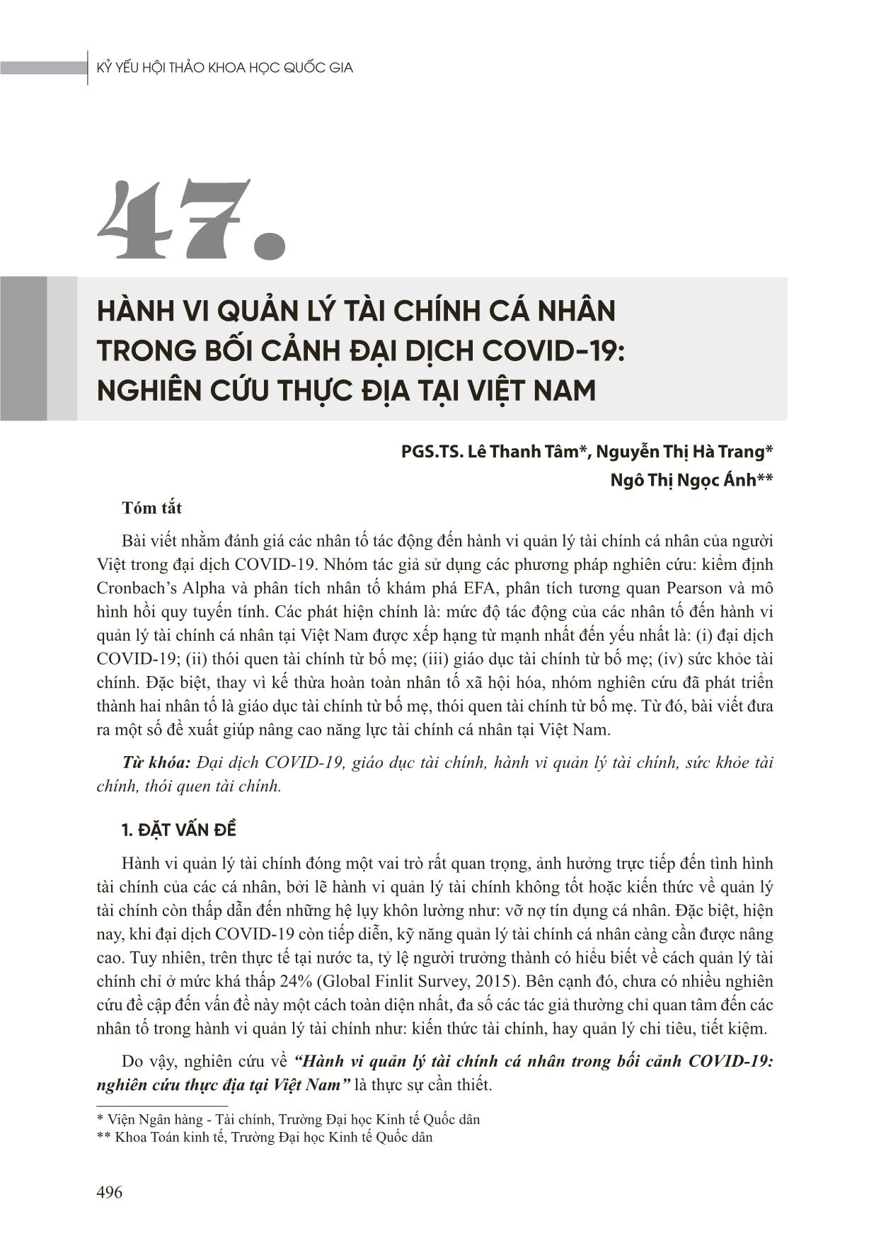 Hành vi quản lý tài chính cá nhân trong bối cảnh đại dịch Covid-19: Nghiên cứu thực địa tại Việt Nam trang 1