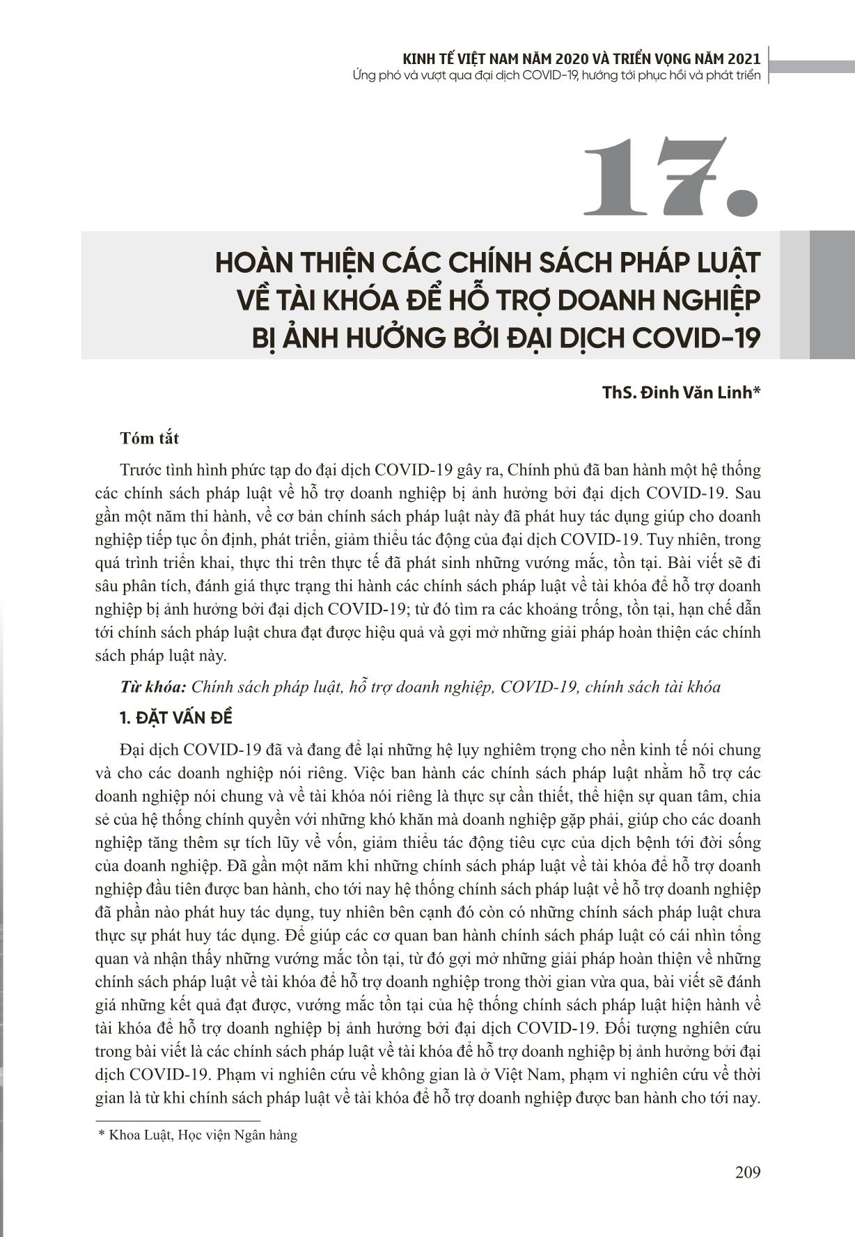 Hoàn thiện các chính sách pháp luật về tài khóa để hỗ trợ doanh nghiệp bị ảnh hưởng bởi đại dịch Covid-19 trang 1