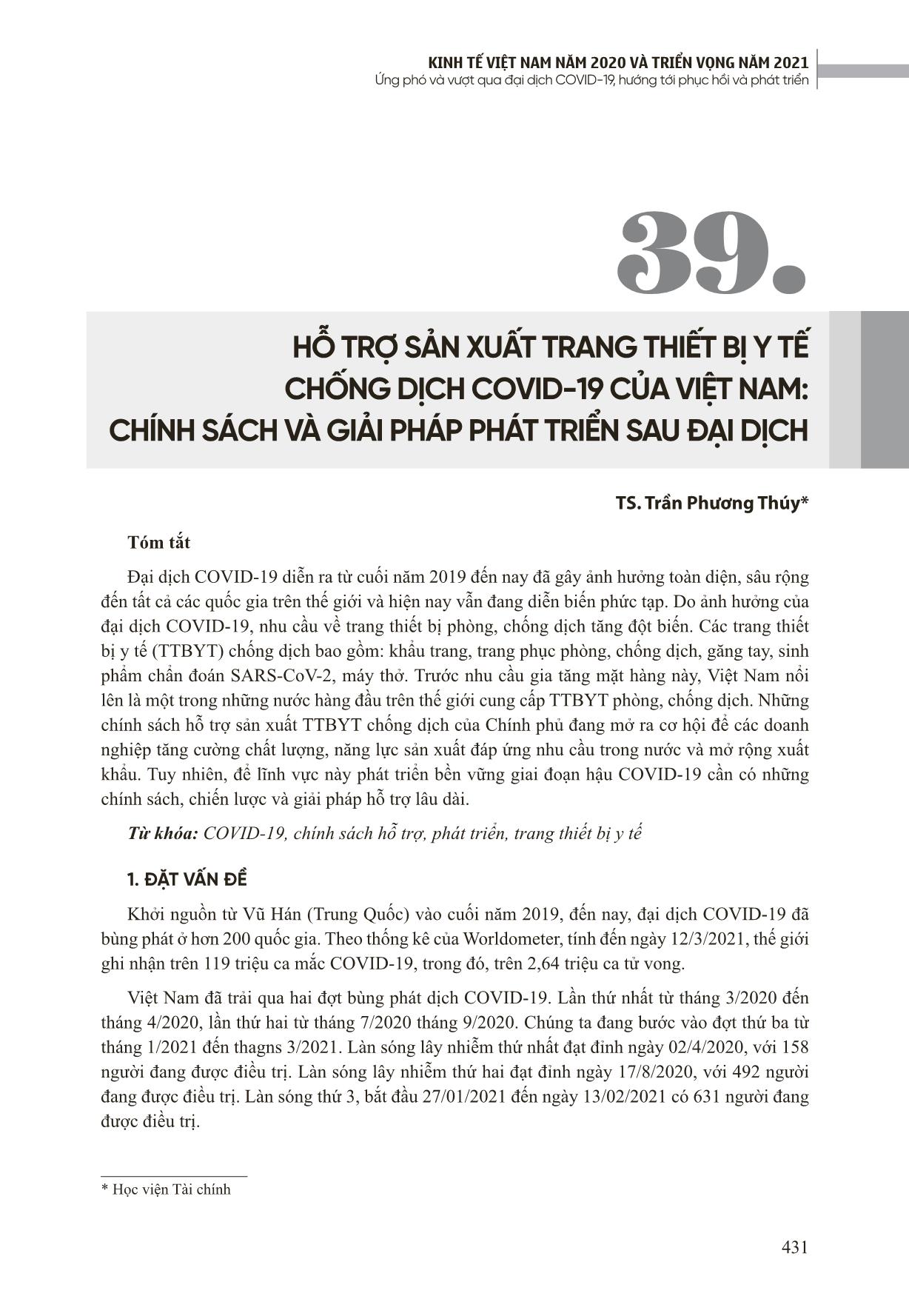 Hỗ trợ sản xuất trang thiết bị y tế chống dịch Covid-19 của Việt Nam: Chính sách và giải pháp phát triển sau đại dịch trang 1