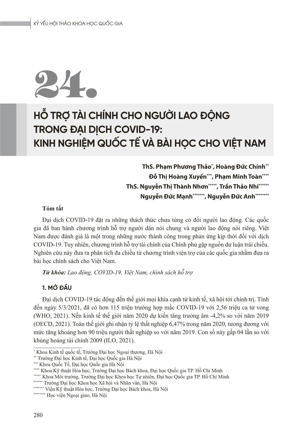 Hỗ trợ tài chính cho người lao động trong đại dịch Covid-19: Kinh nghiệm quốc tế và bài học cho Việt Nam trang 1