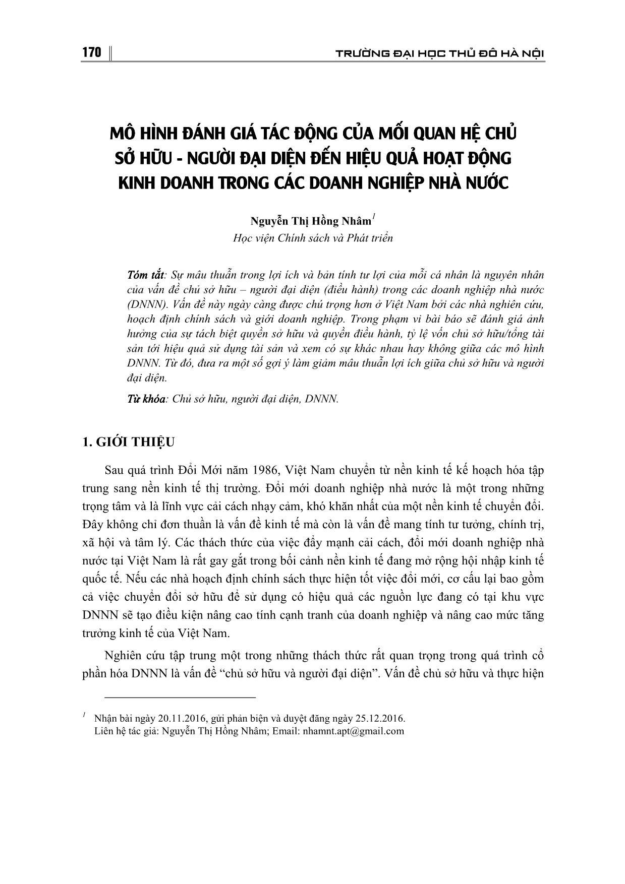 Mô hình đánh giá tác động của mối quan hệ chủ sở hữu - Người đại diện đến hiệu quả hoạt động kinh doanh trong các doanh nghiệp nhà nước trang 1