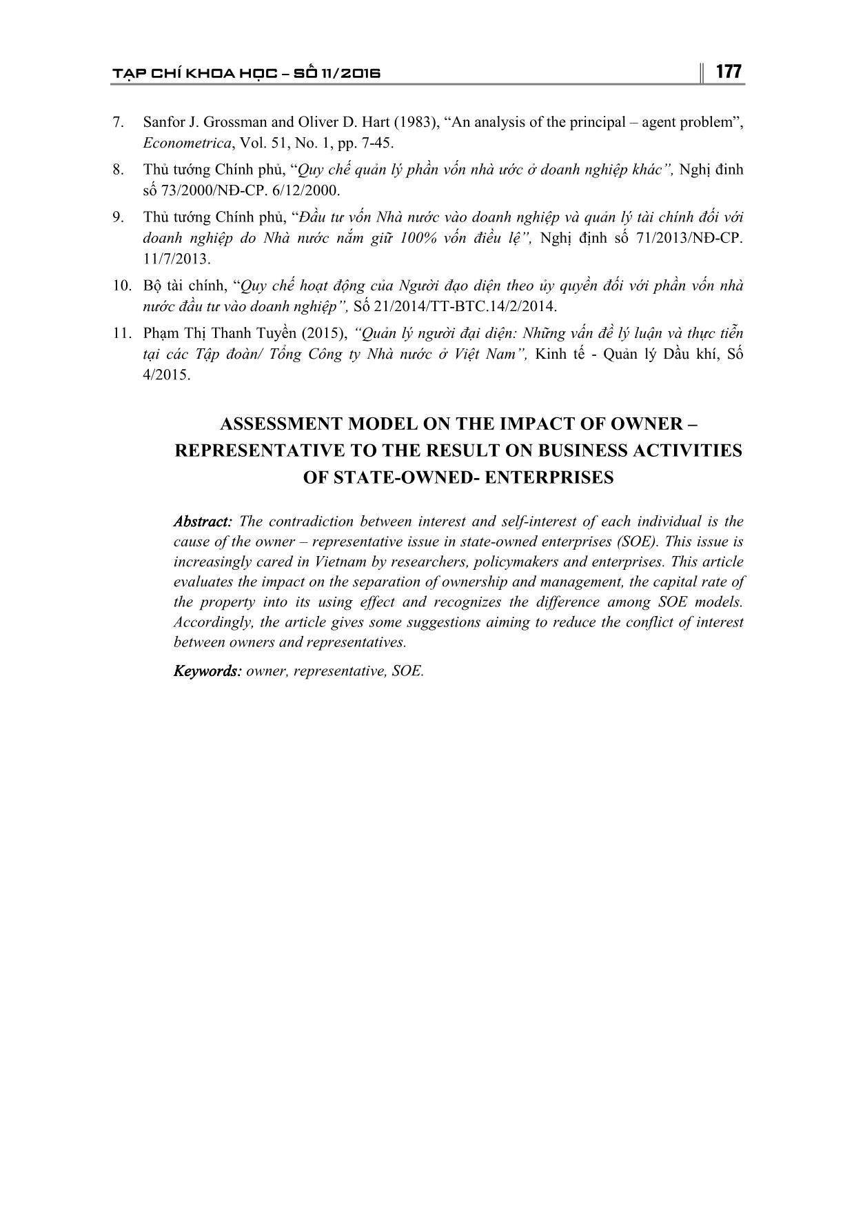 Mô hình đánh giá tác động của mối quan hệ chủ sở hữu - Người đại diện đến hiệu quả hoạt động kinh doanh trong các doanh nghiệp nhà nước trang 8