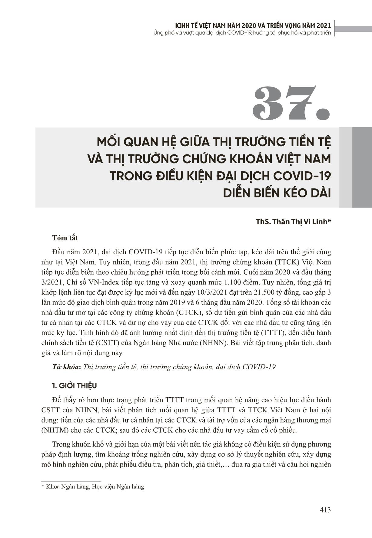 Mối quan hệ giữa thị trường tiền tệ và thị trường chứng khoán Việt Nam trong điều kiện đại dịch Covid-19 diễn biến kéo dài trang 1