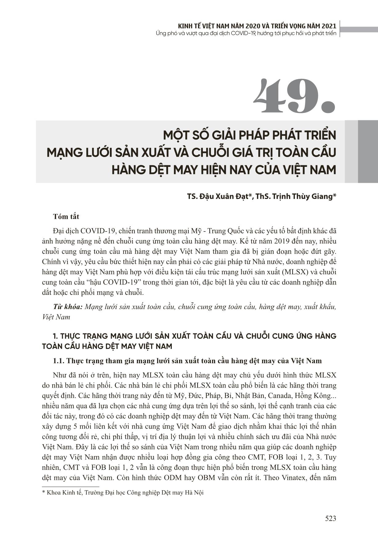 Một số giải pháp phát triển mạng lưới sản xuất và chuỗi giá trị toàn cầu hàng dệt may hiện nay của Việt Nam trang 1