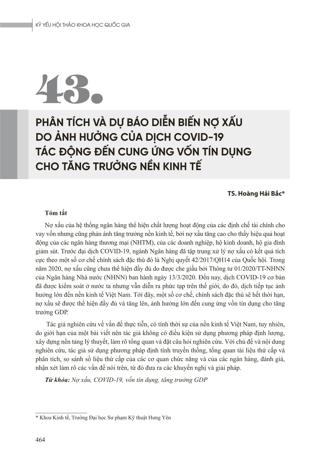 Phân tích và dự báo diễn biến nợ xấu do ảnh hưởng của dịch Covid-19 tác động đến cung ứng vốn tín dụng cho tăng trưởng nền kinh tế trang 1