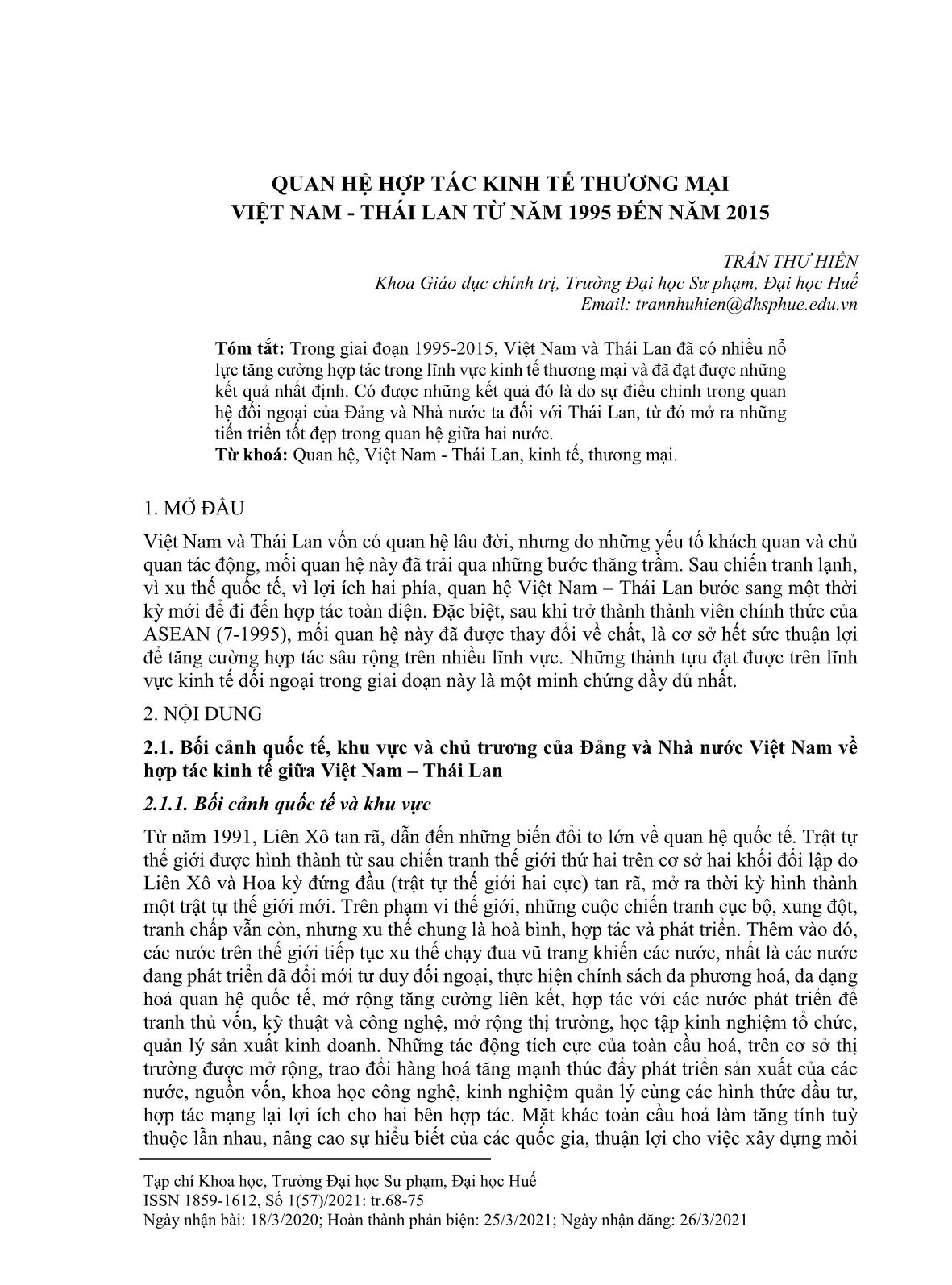 Quan hệ hợp tác kinh tế thương mại Việt Nam - Thái Lan từ năm 1995 đến năm 2015 trang 1