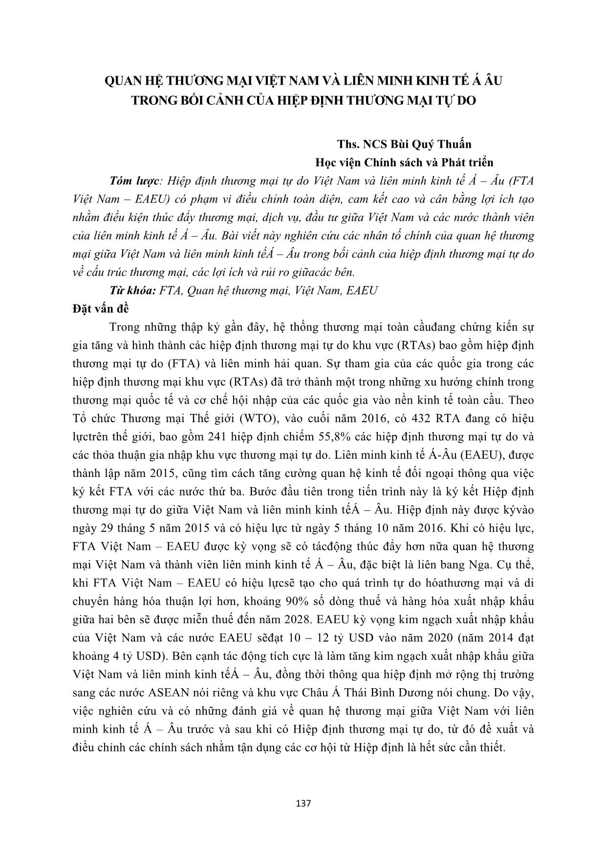 Quan hệ thương mại Việt Nam và liên minh kinh tế Á Âu trong bối cảnh của hiệp định thương mại tự do trang 1