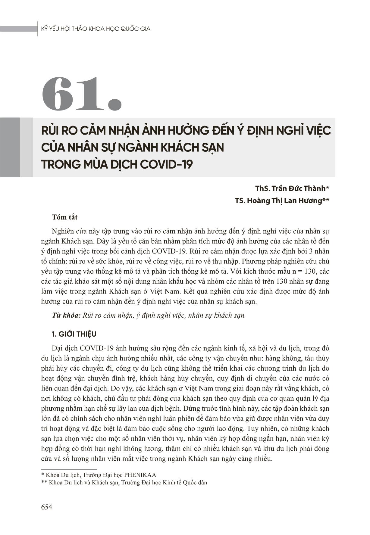 Rủi ro cảm nhận ảnh hưởng đến ý định nghỉ việc của nhân sự ngành khách sạn trong mùa dịch Covid-19 trang 1