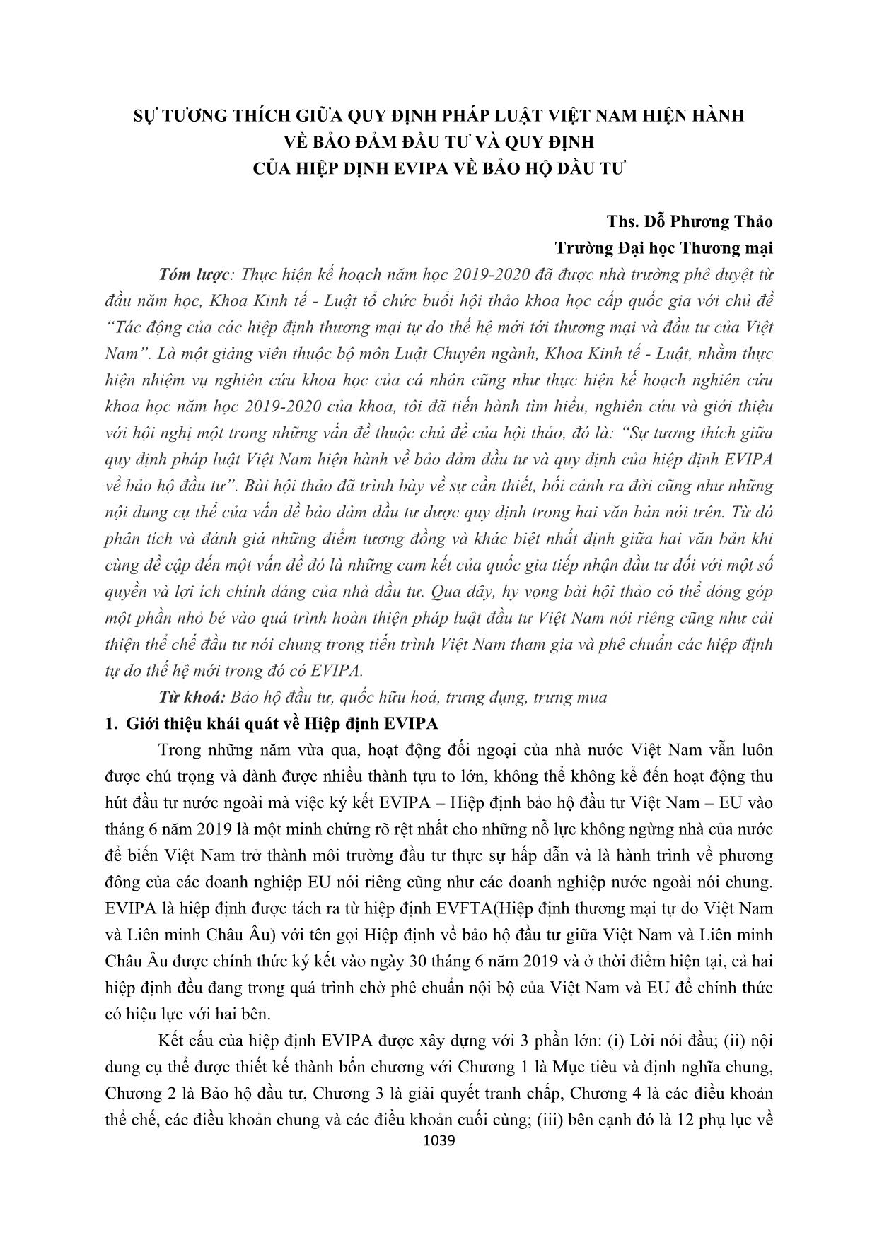 Sự tương thích giữa quy định pháp luật Việt Nam hiện hành về bảo đảm đầu tư và quy định của hiệp định EVIPA về bảo hộ đầu tư trang 1