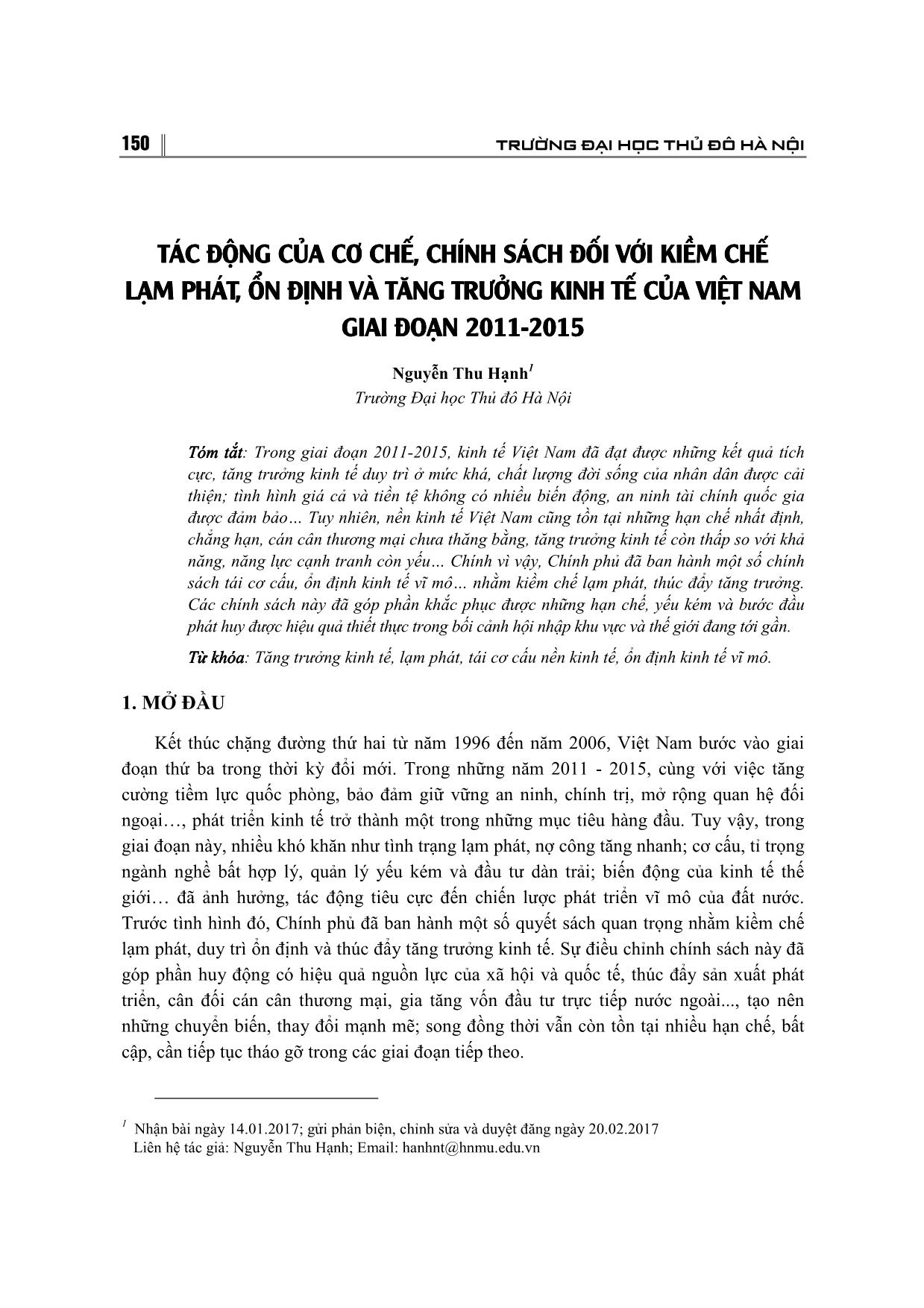 Tác động của cơ chế, chính sách đối với kiềm chế lạm phát, ổn định và tăng trưởng kinh tế của Việt Nam giai đoạn 2011-2015 trang 1