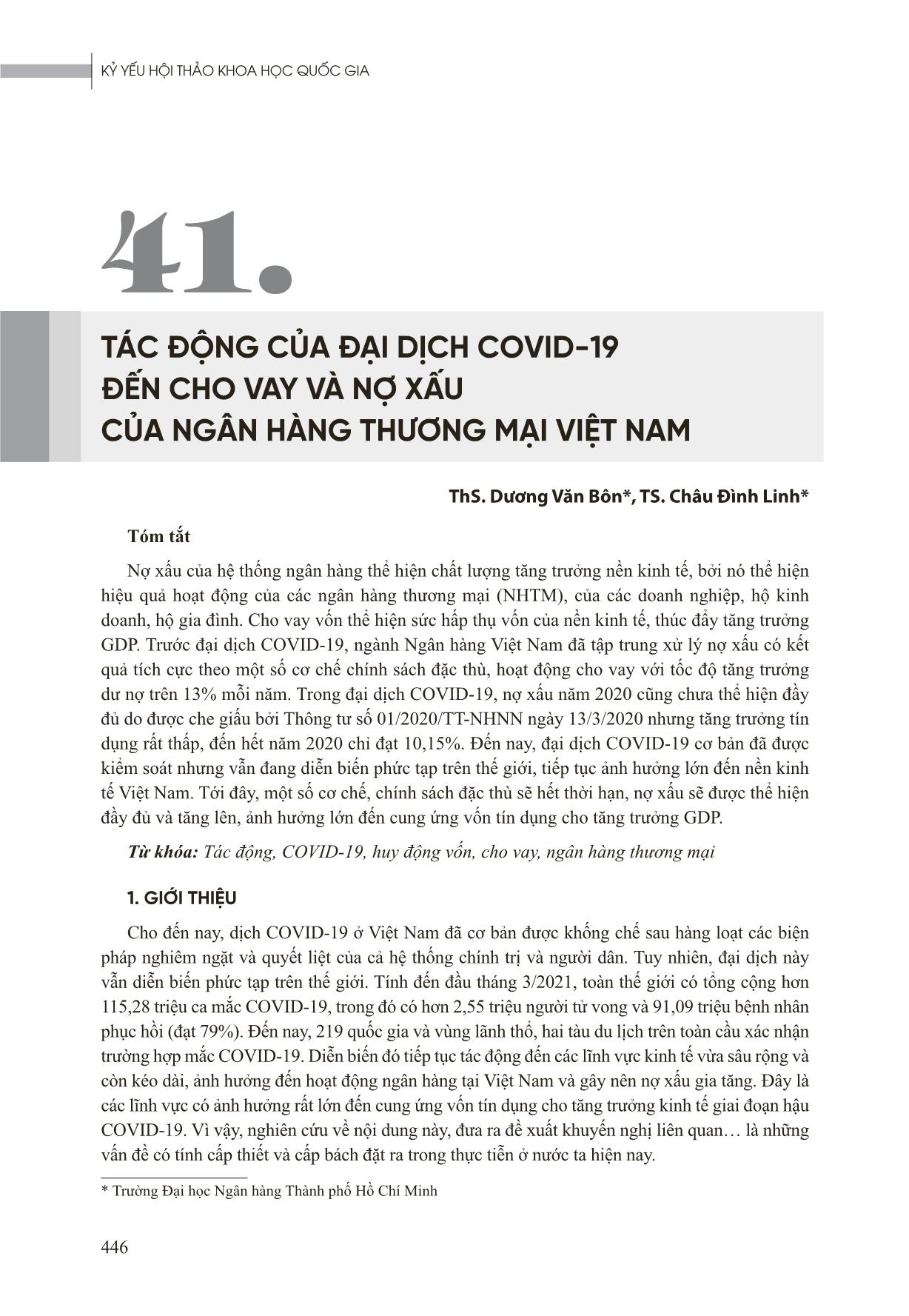 Tác động của đại dịch Covid-19 đến cho vay và nợ xấu của Ngân hàng Thương mại Việt Nam trang 1
