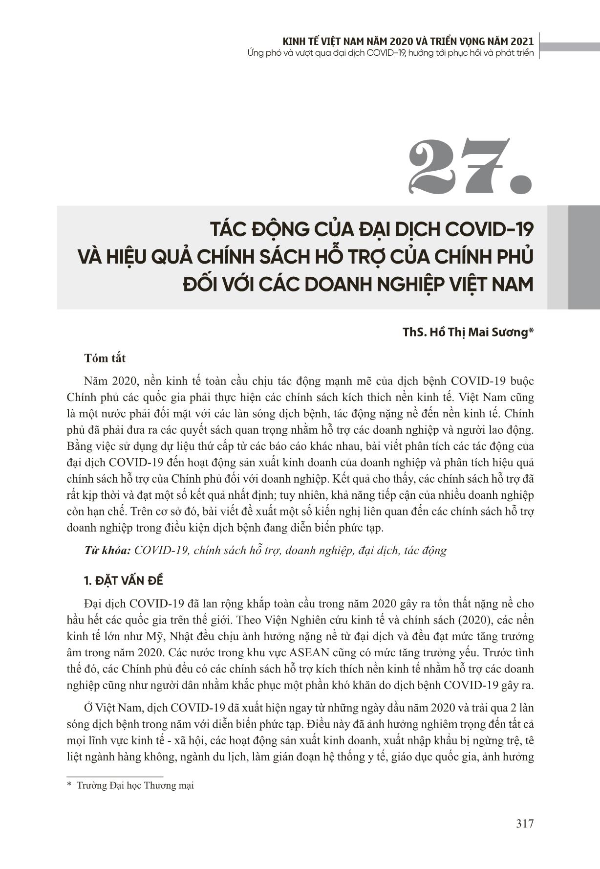 Tác động của đại dịch Covid-19 và hiệu quả chính sách hỗ trợ của chính phủ đối với các doanh nghiệp Việt Nam trang 1