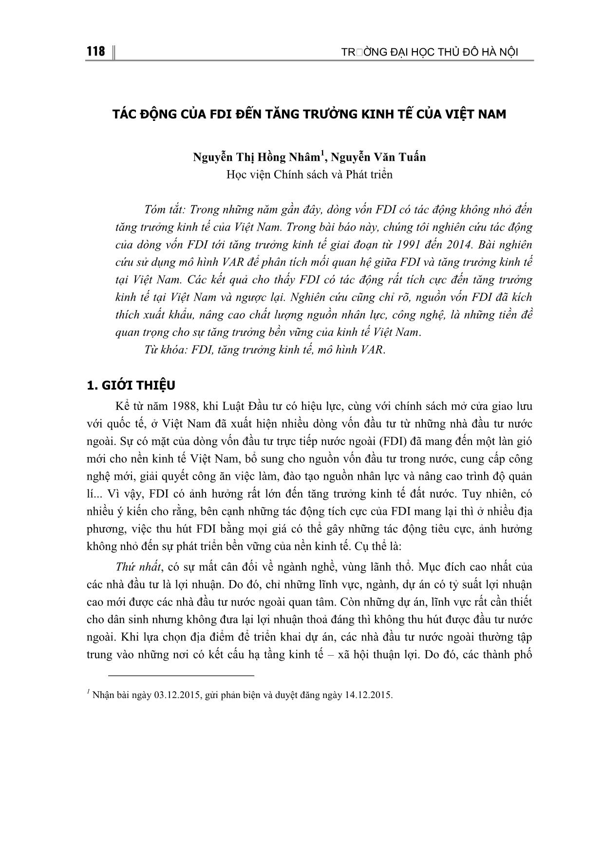 Tác động của FDI đến tăng trưởng kinh tế của Việt Nam trang 1