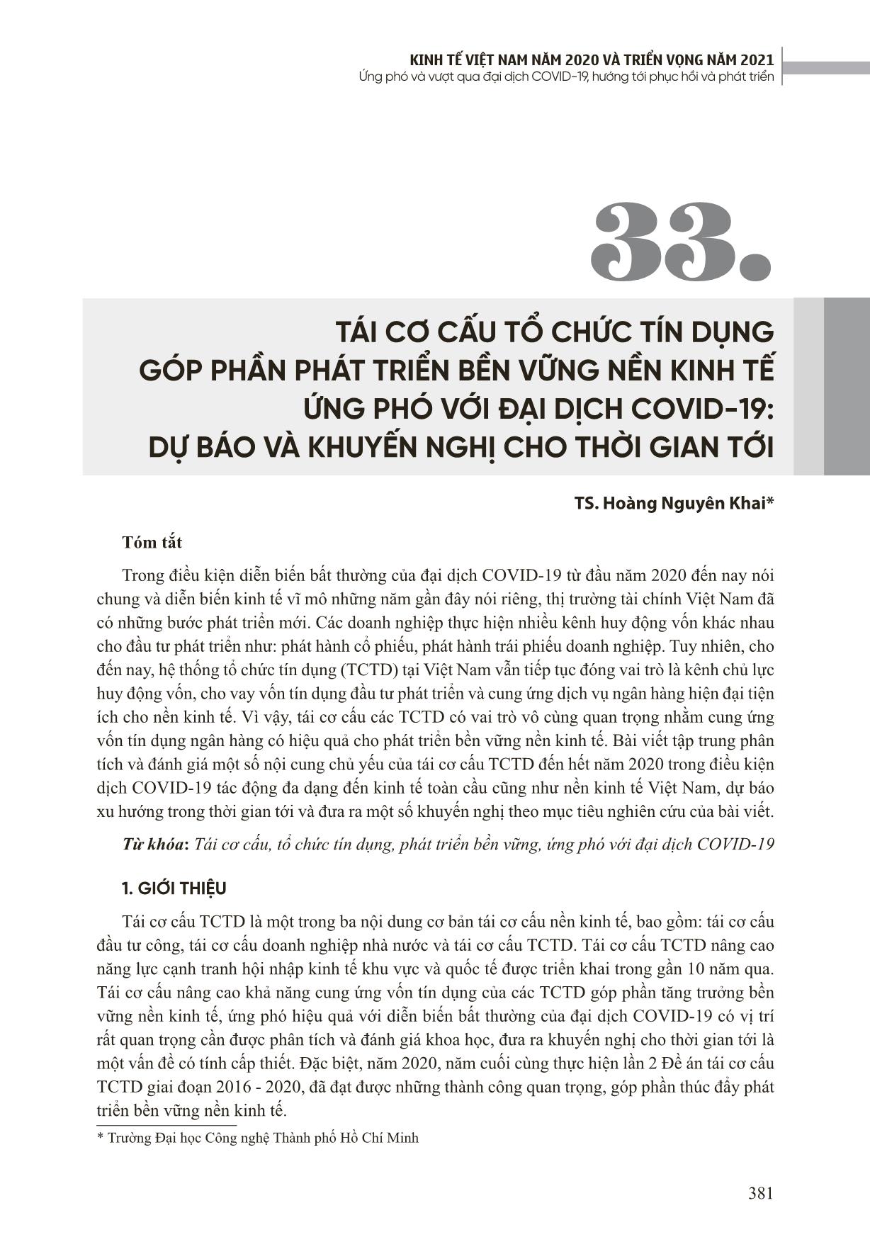 Tái cơ cấu tổ chức tín dụng góp phần phát triển bền vững nền kinh tế ứng phó với đại dịch Covid-19: Dự báo và khuyến nghị cho thời gian tới trang 1