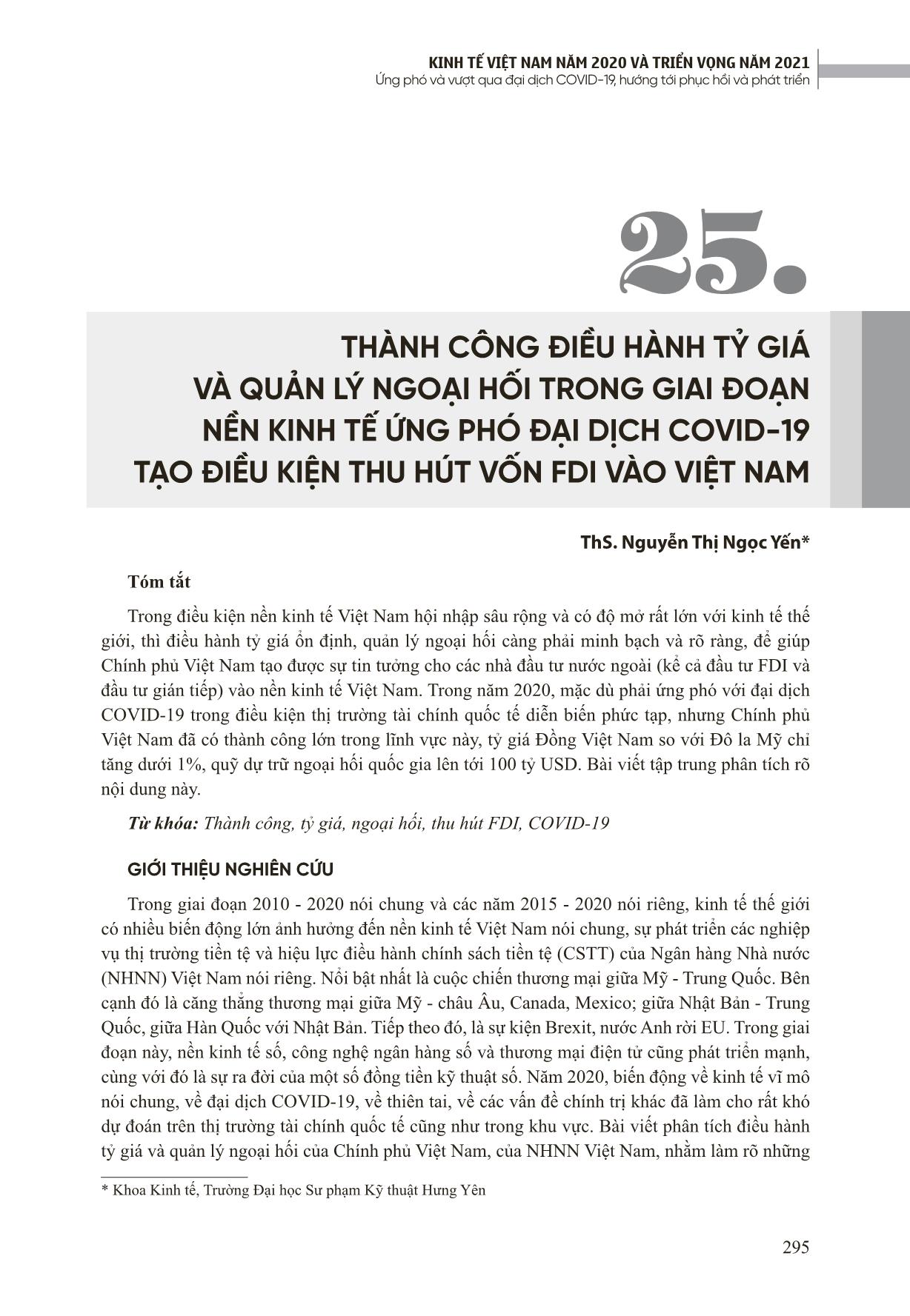 Thành công điều hành tỷ giá và quản lý ngoại hối trong giai đoạn nền kinh tế ứng phó đại dịch Covid-19 tạo điều kiện thu hút vốn FDI vào Việt Nam trang 1