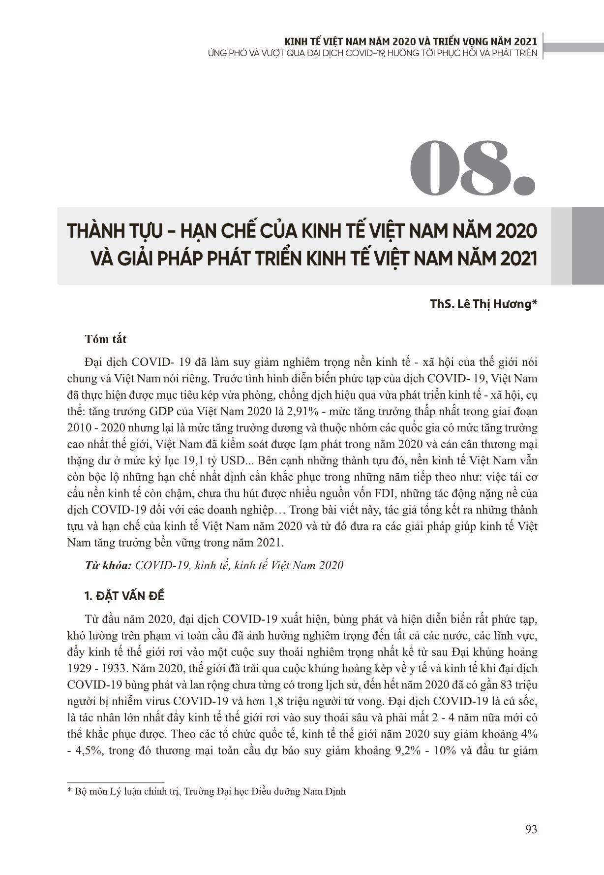 Thành tựu - Hạn chế của kinh tế Việt Nam năm 2020 và giải pháp phát triển kinh tế Việt Nam năm 2021 trang 1