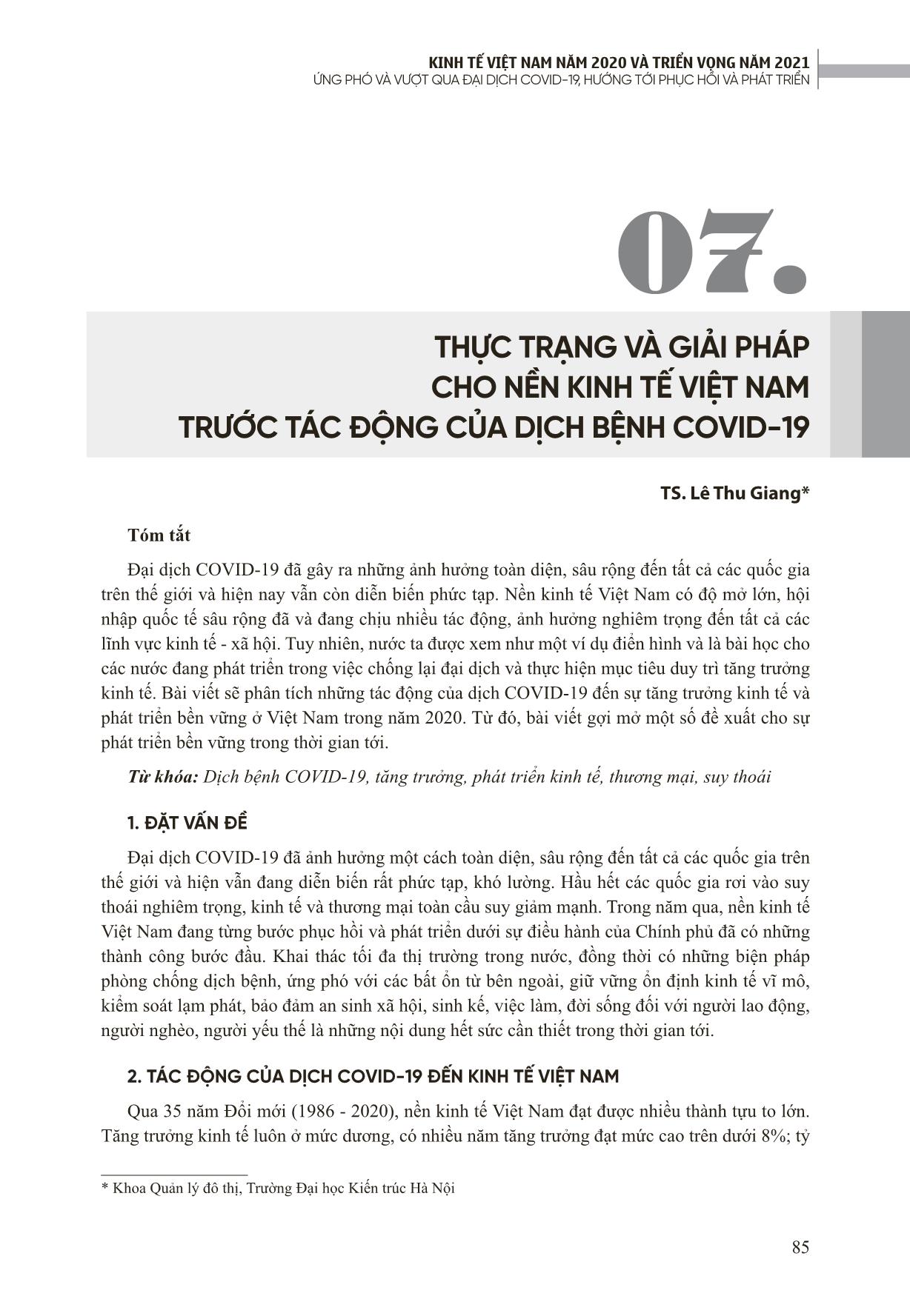 Thực trạng và giải pháp cho nền kinh tế Việt Nam trước tác động của dịch bệnh Covid-19 trang 1