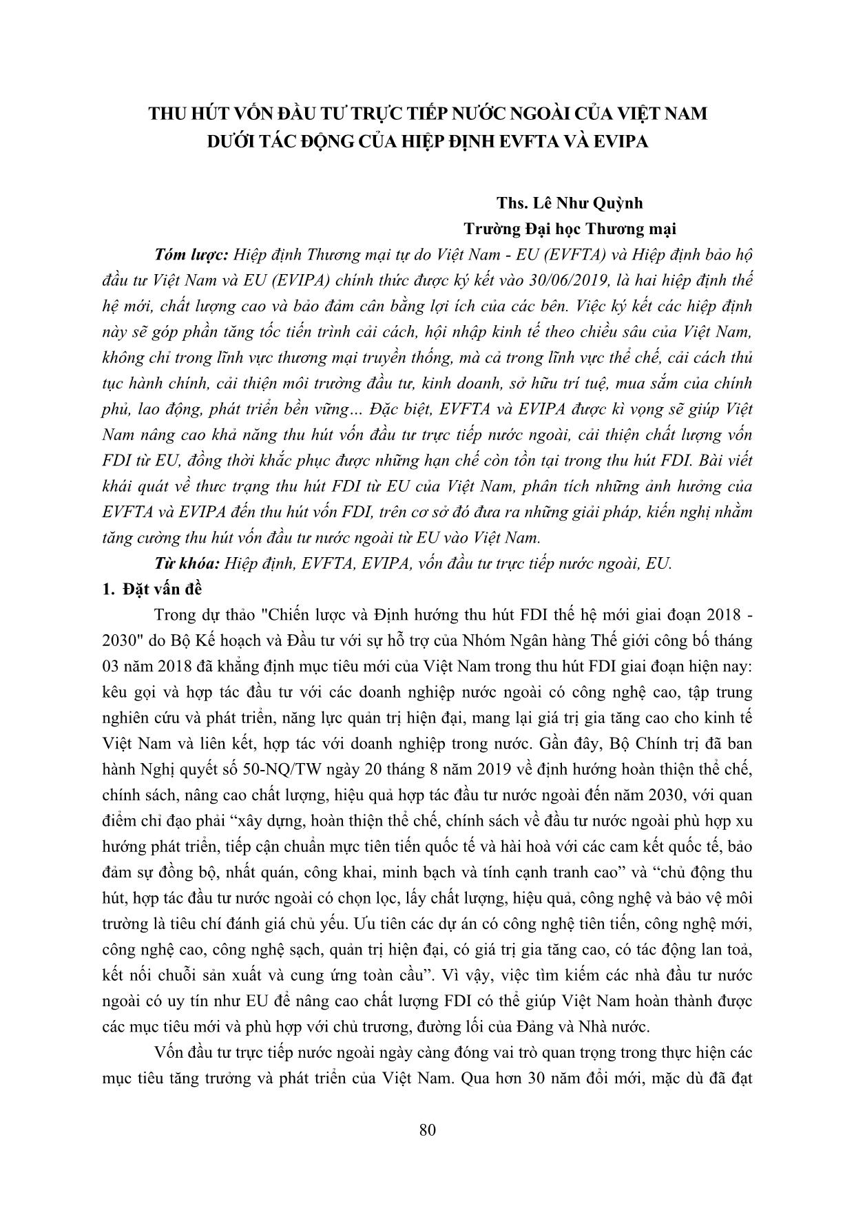 Thu hút vốn đầu tư trực tiếp nước ngoài của Việt Nam dưới tác động của hiệp định EVFTA và EVIPA trang 1