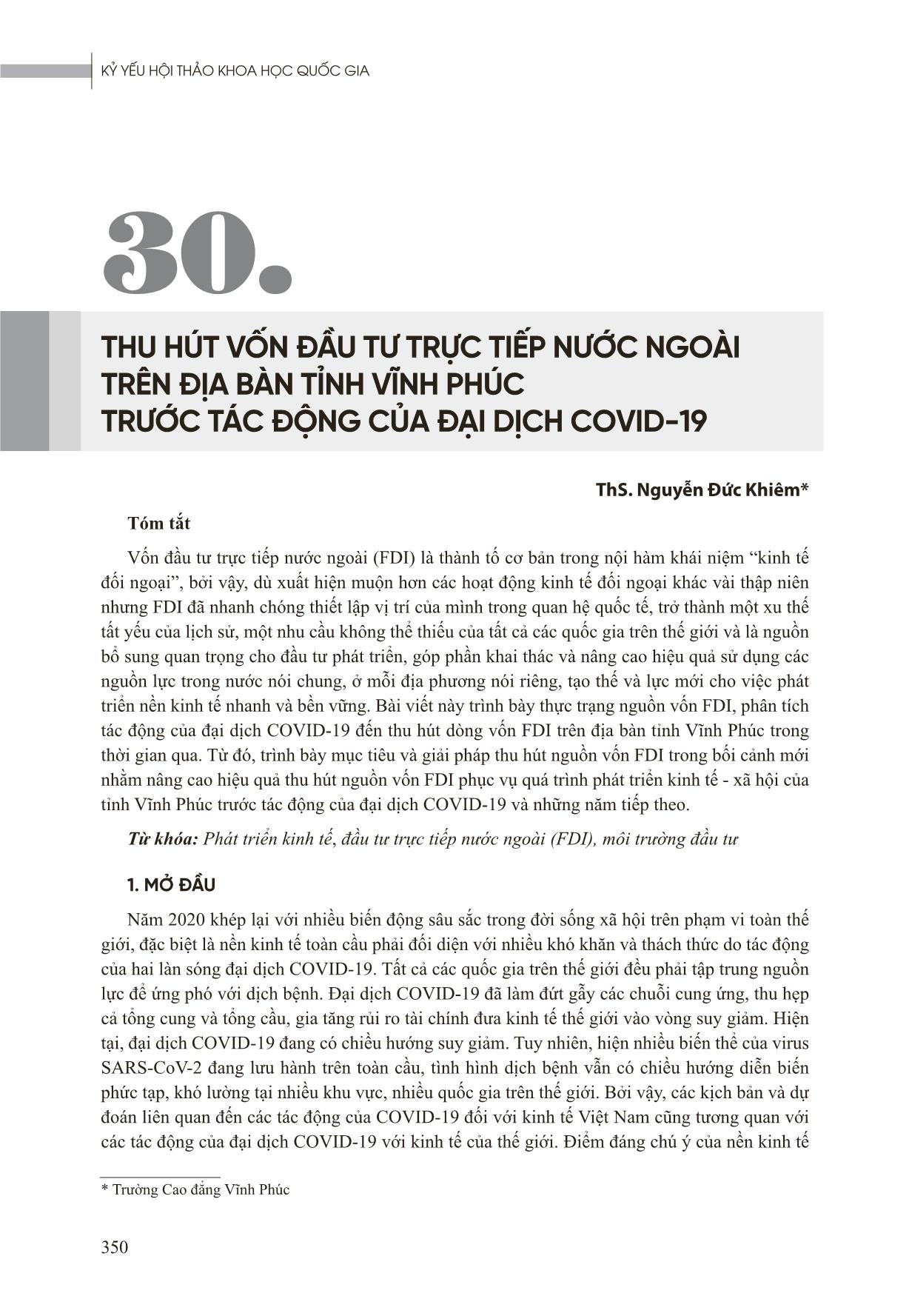 Thu hút vốn đầu tư trực tiếp nước ngoài trên địa bàn tỉnh Vĩnh Phúc trước tác động của đại dịch Covid-19 trang 1