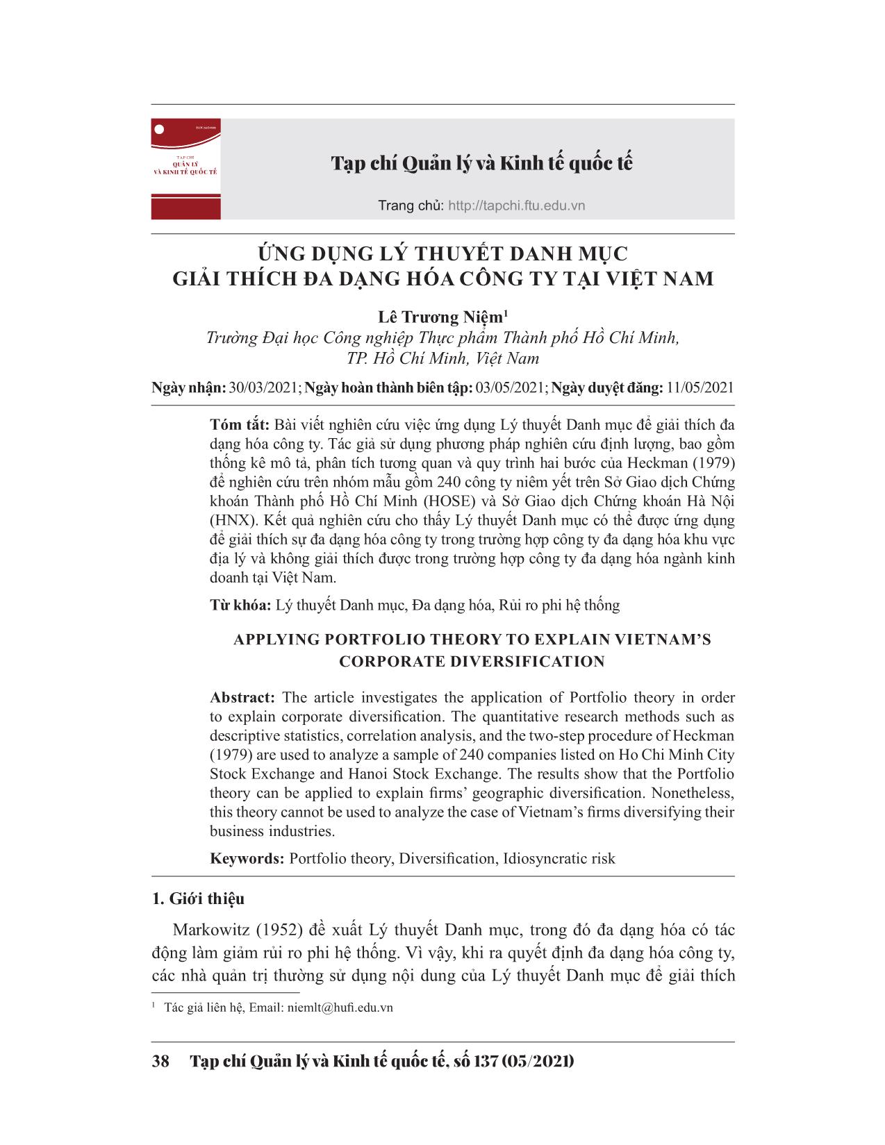 Ứng dụng lý thuyết danh mục giải thích đa dạng hóa công ty tại Việt Nam trang 1