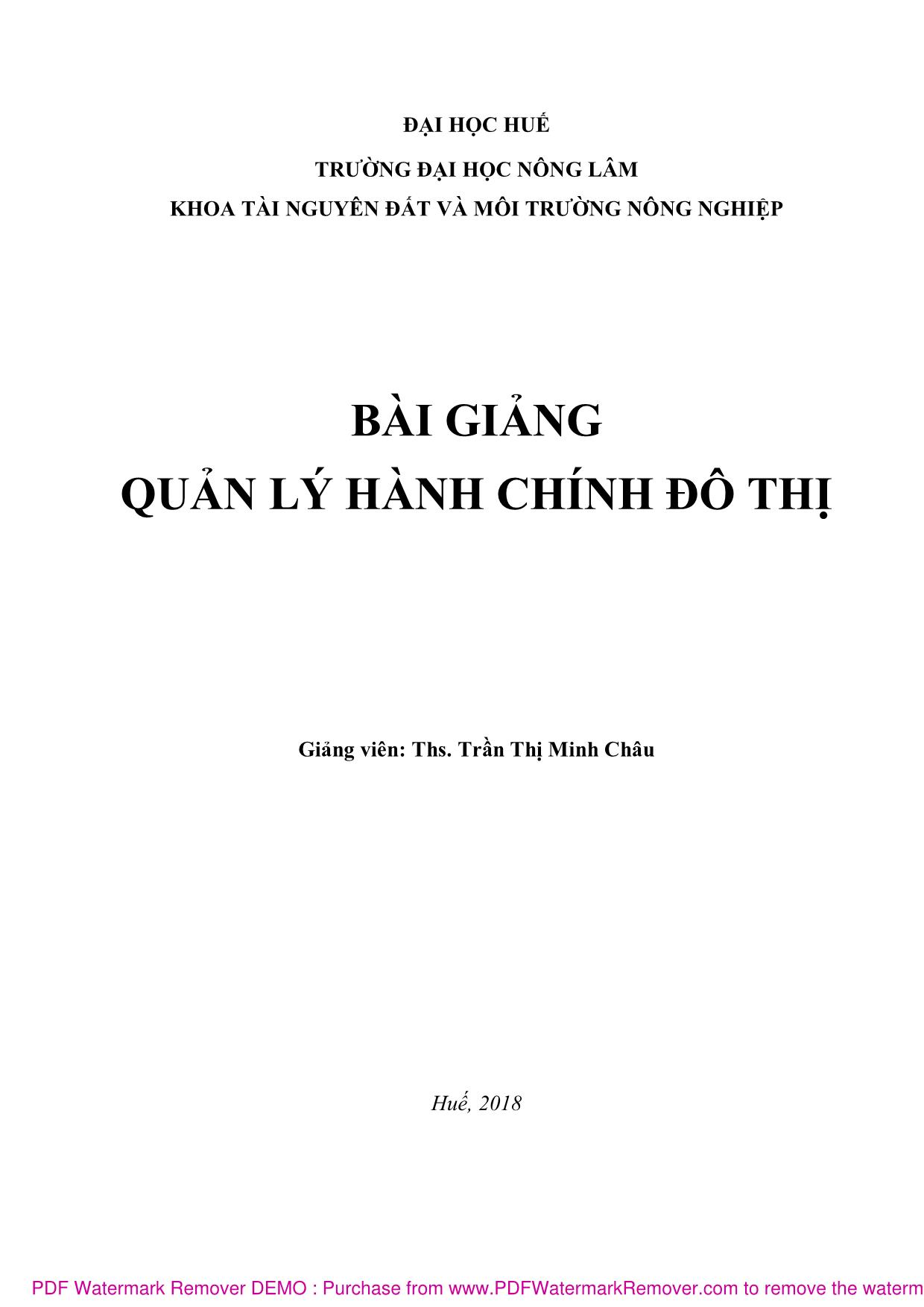 Bài giảng Quản lý hành chính đô thị (Phần 1) - Trần Thị Minh Châu trang 1