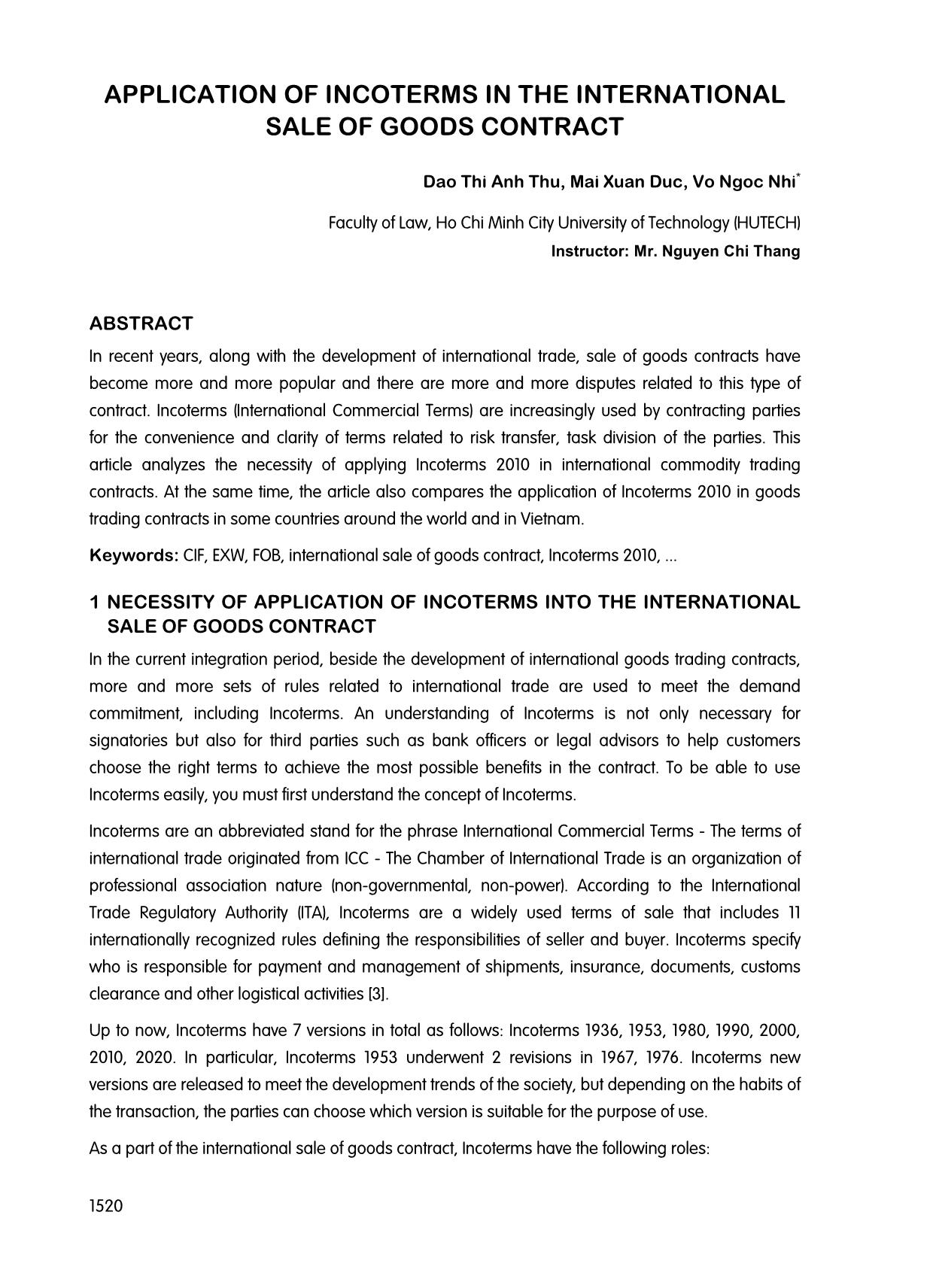 Application of incoterms in the international sale of goods contract trang 1