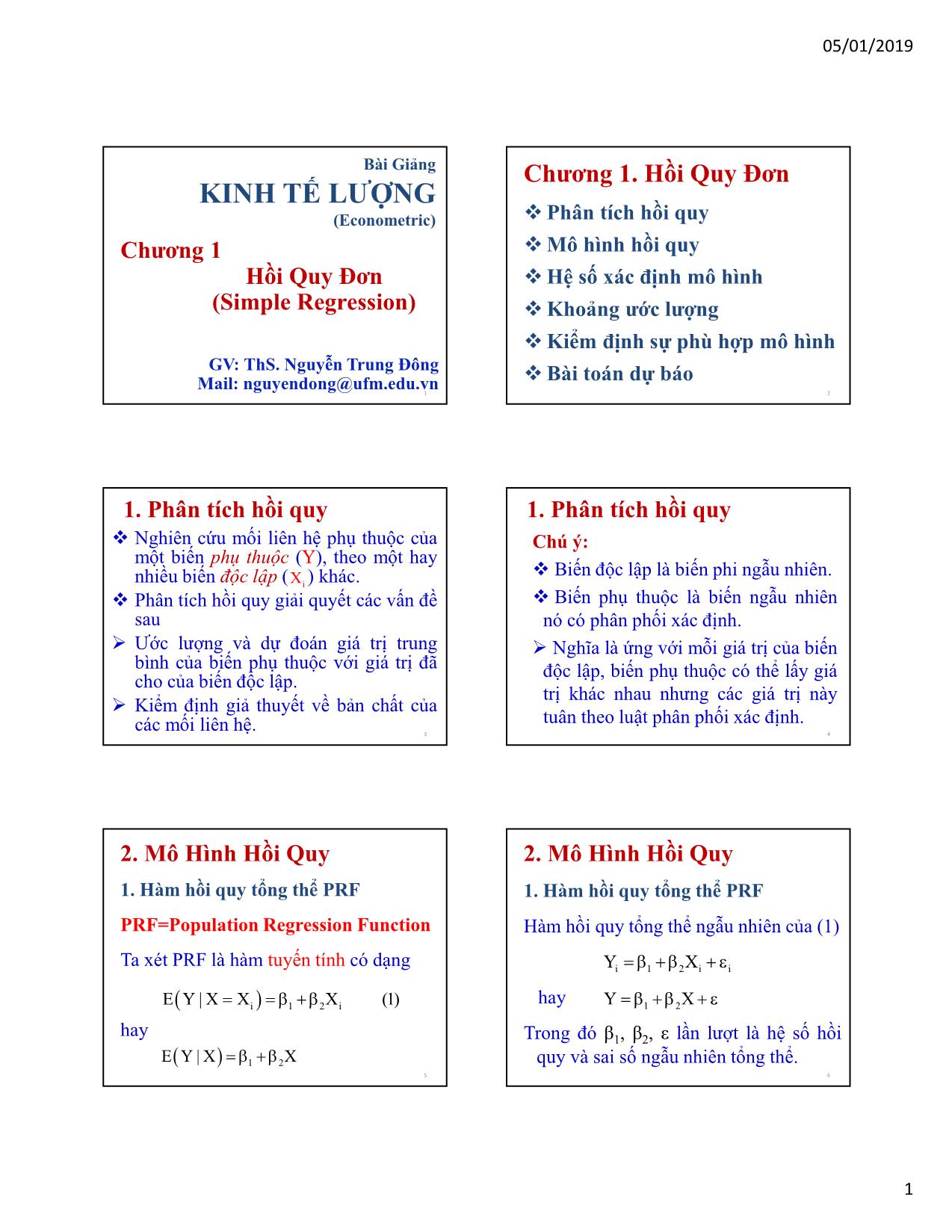 Bài giảng Kinh tế lượng - Chương 1: Hồi quy đơn (Simple regression) - Nguyễn Trung Đông trang 1