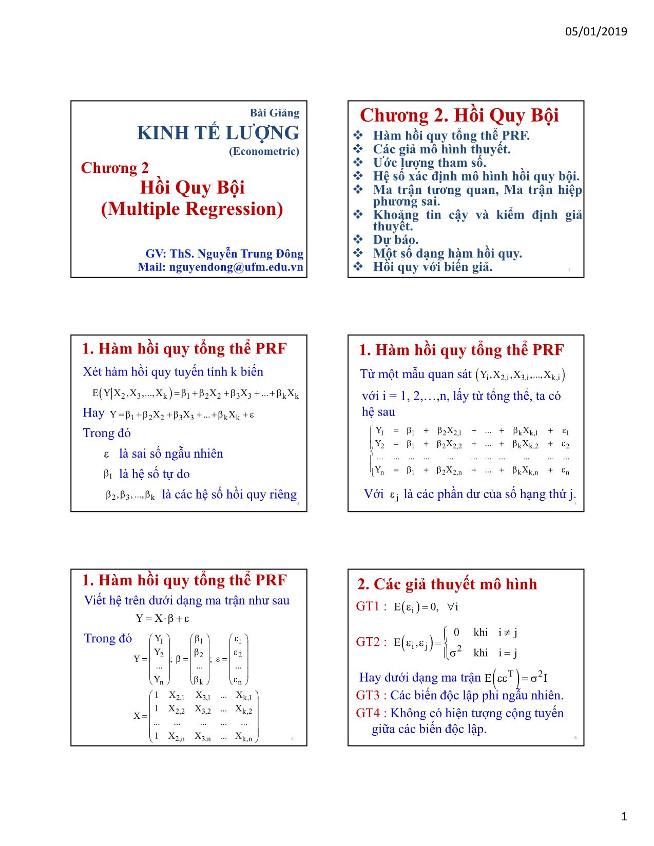 Bài giảng Kinh tế lượng - Chương 2: Hồi quy bội (Multiple regression) - Nguyễn Trung Đông trang 1