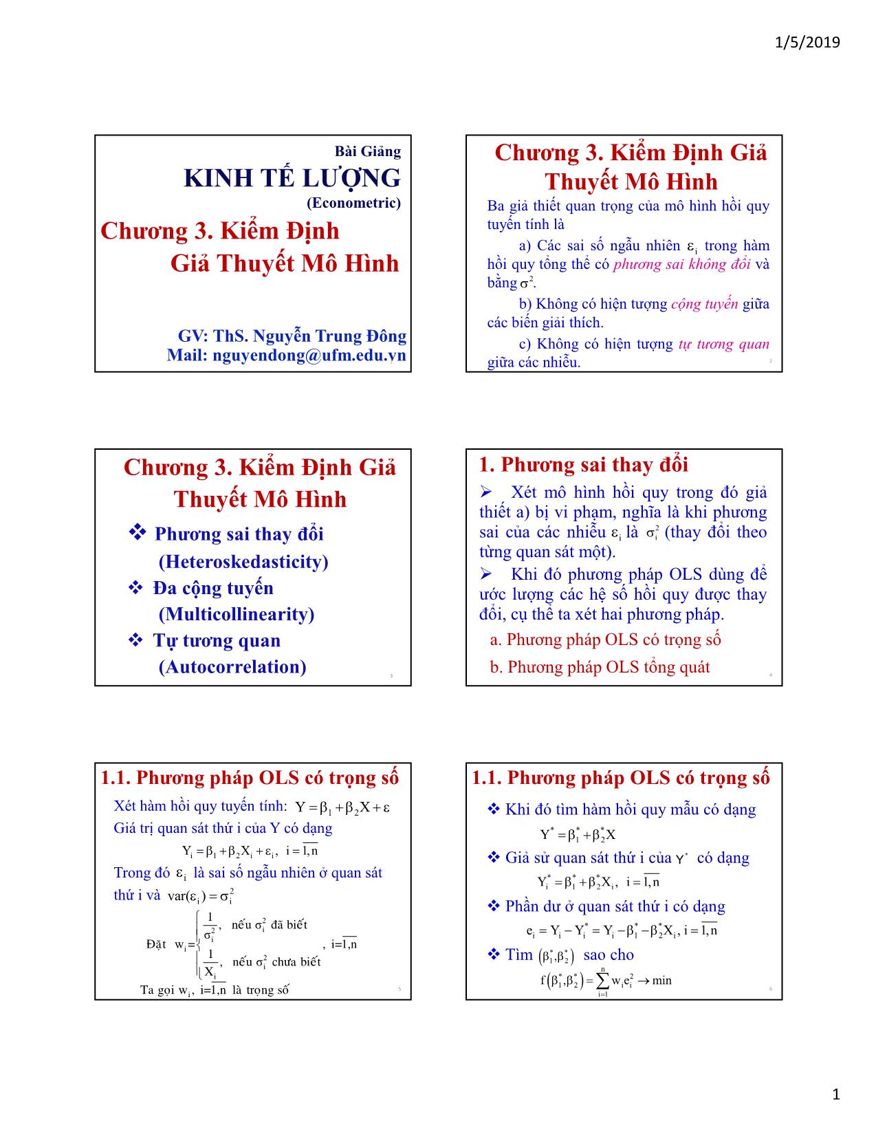 Bài giảng Kinh tế lượng - Chương 3: Kiểm định giả thuyết mô hình - Nguyễn Trung Đông trang 1