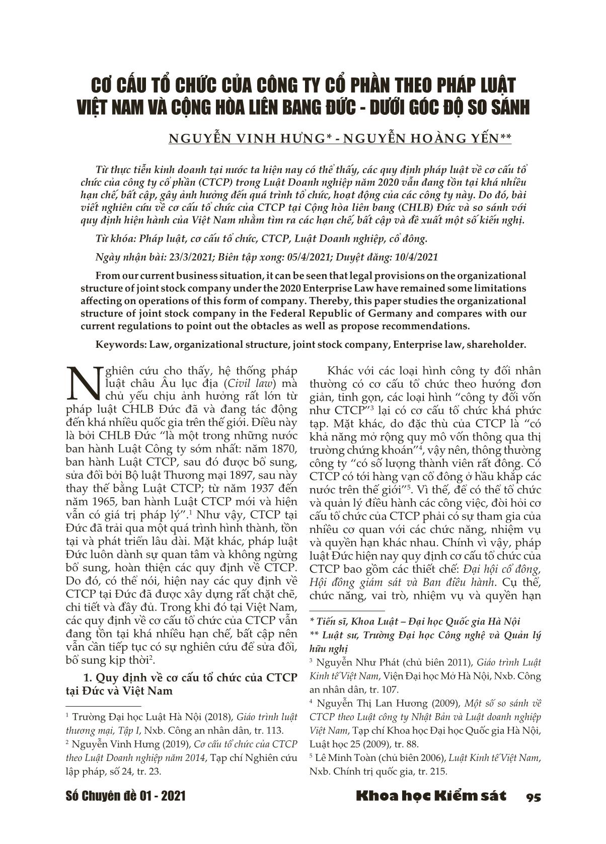 Cơ cấu tổ chức của công ty cổ phần theo pháp luật Việt Nam và Cộng hòa Liên bang Đức - Dưới góc độ so sánh trang 1
