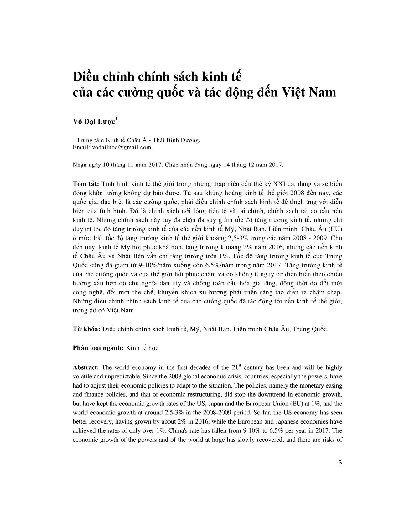 Điều chỉnh chính sách kinh tế của các cường quốc và tác động đến Việt Nam trang 1