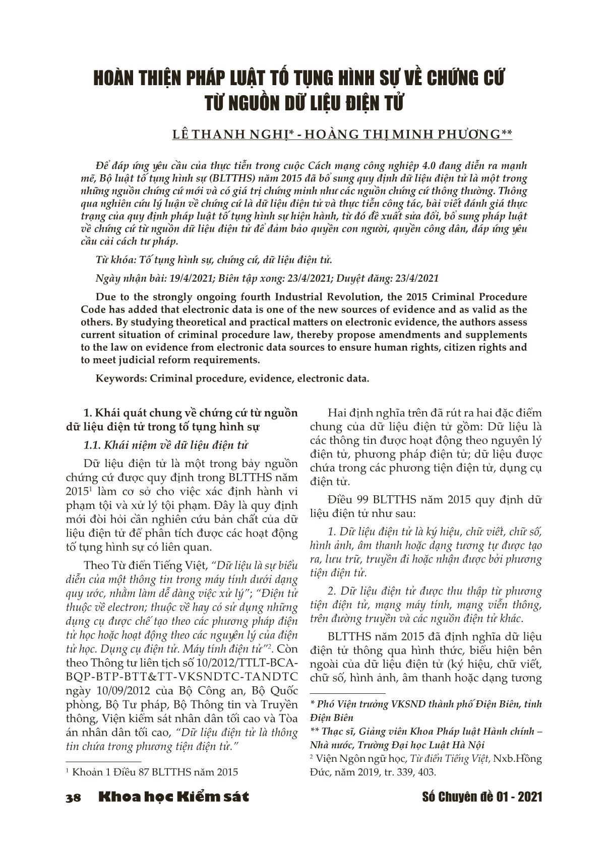 Hoàn thiện pháp luật tố tụng hình sự về chứng cứ từ nguồn dữ liệu điện tử trang 1