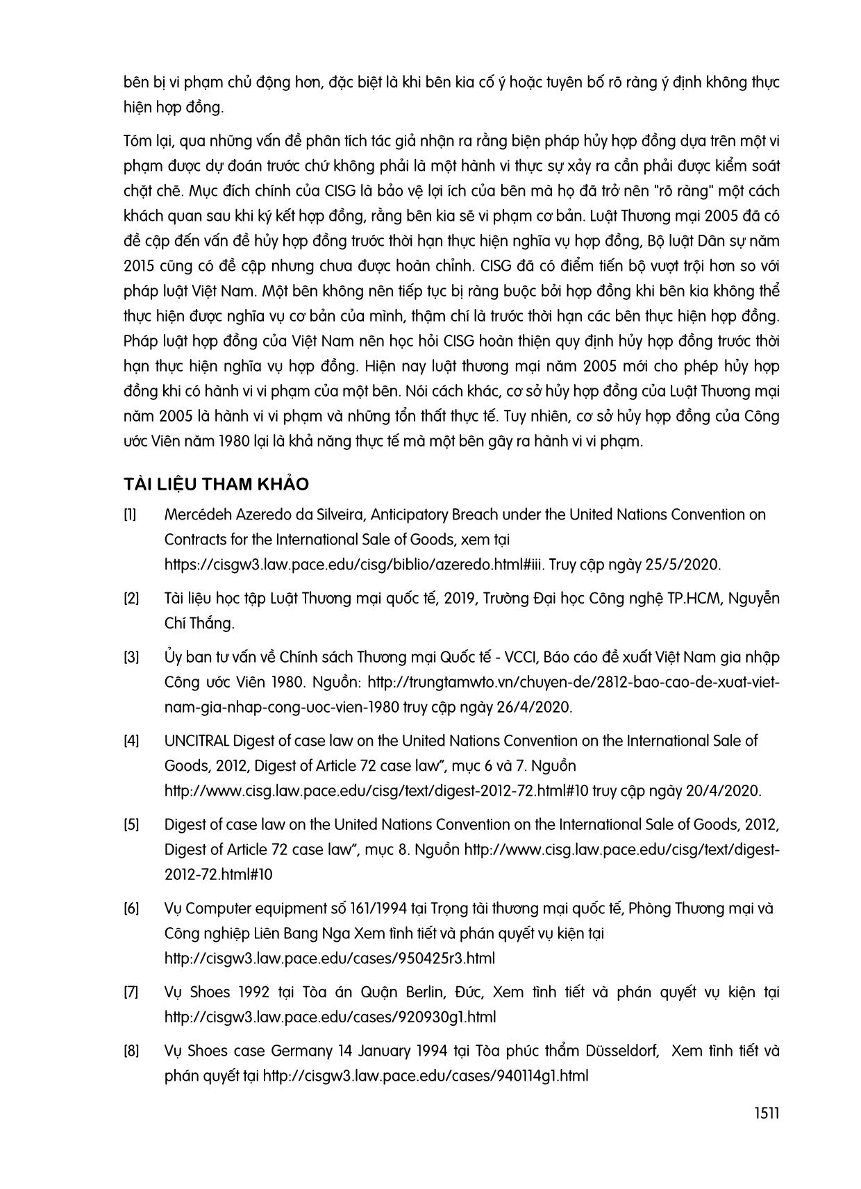 Hủy hợp đồng trước thời hạn thực hiện nghĩa vụ hợp đồng theo quy định của Công ước viên năm 1980 về hợp đồng mua bán hàng hóa quốc tế trang 6