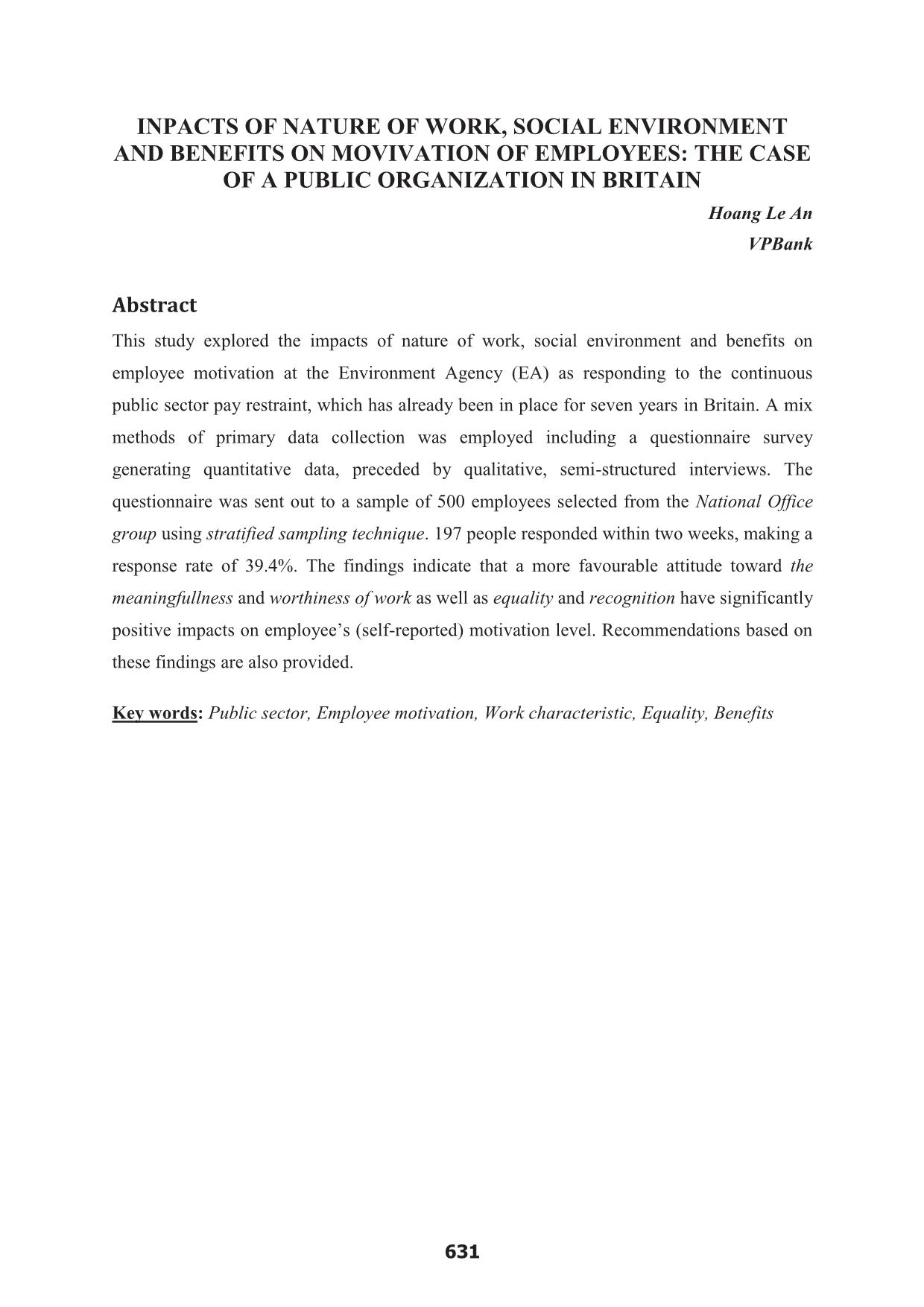 Inpacts of nature of work, social environment and benefits on movivation of employees: The case of a public organization in britain trang 1