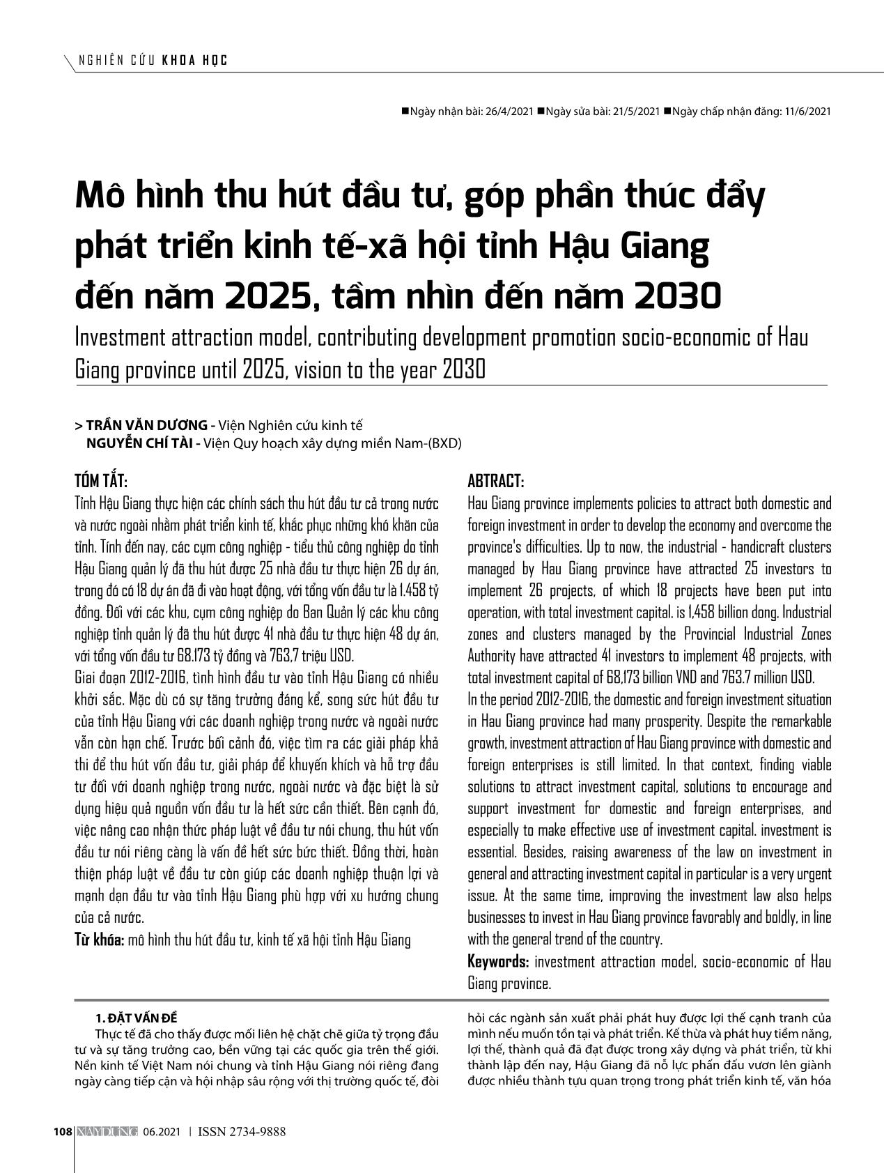 Mô hình thu hút đầu tư, góp phần thúc đẩy phát triển kinh tế-xã hội tỉnh Hậu Giang đến năm 2025, tầm nhìn đến năm 2030 trang 1