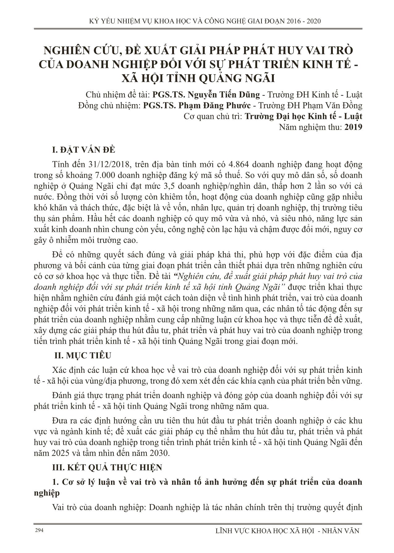Nghiên cứu, đề xuất giải pháp phát huy vai trò của doanh nghiệp đối với sự phát triển kinh tế - xã hội tỉnh Quảng Ngãi trang 1