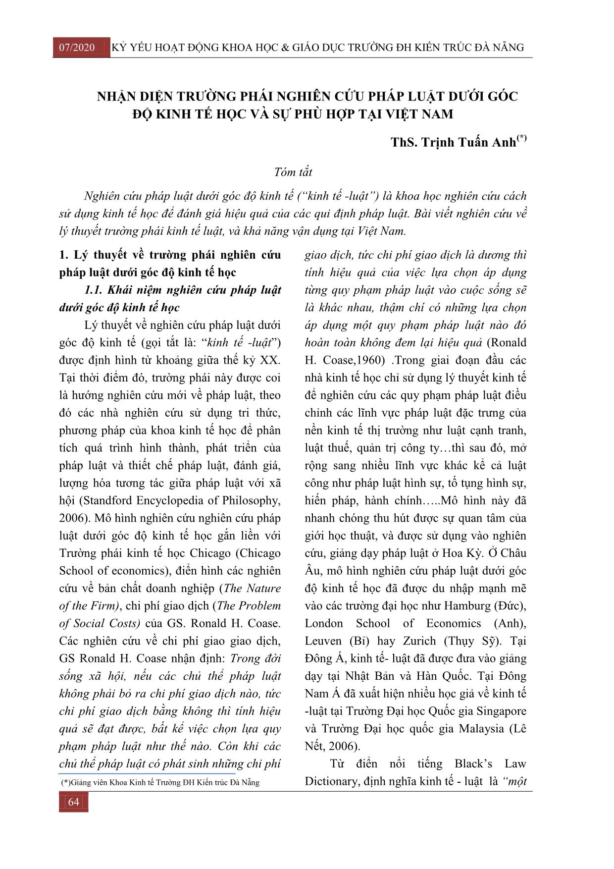 Nhận diện trường phái nghiên cứu pháp luật dưới góc độ kinh tế học và sự phù hợp tại Việt Nam trang 1