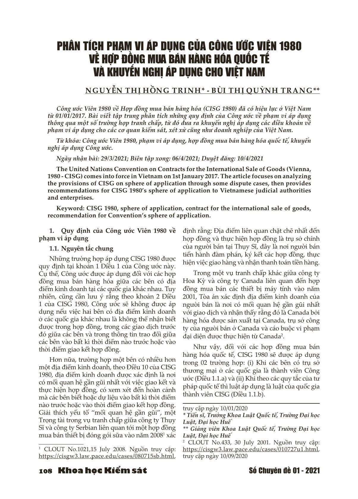 Phân tích phạm vi áp dụng của Công ước viên 1980 về hợp đồng mua bán hàng hóa quốc tế và khuyến nghị áp dụng cho Việt Nam trang 1